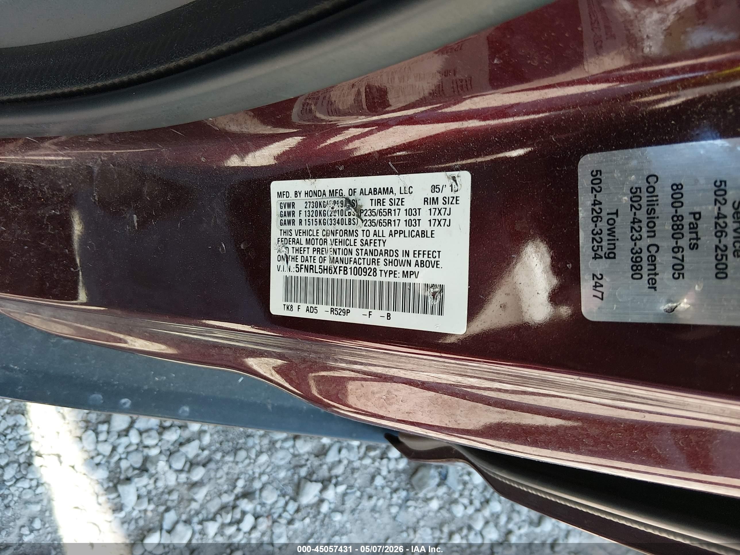 2015 Honda Odyssey Ex-l Burgundy vin: 5FNRL5H6XFB100928