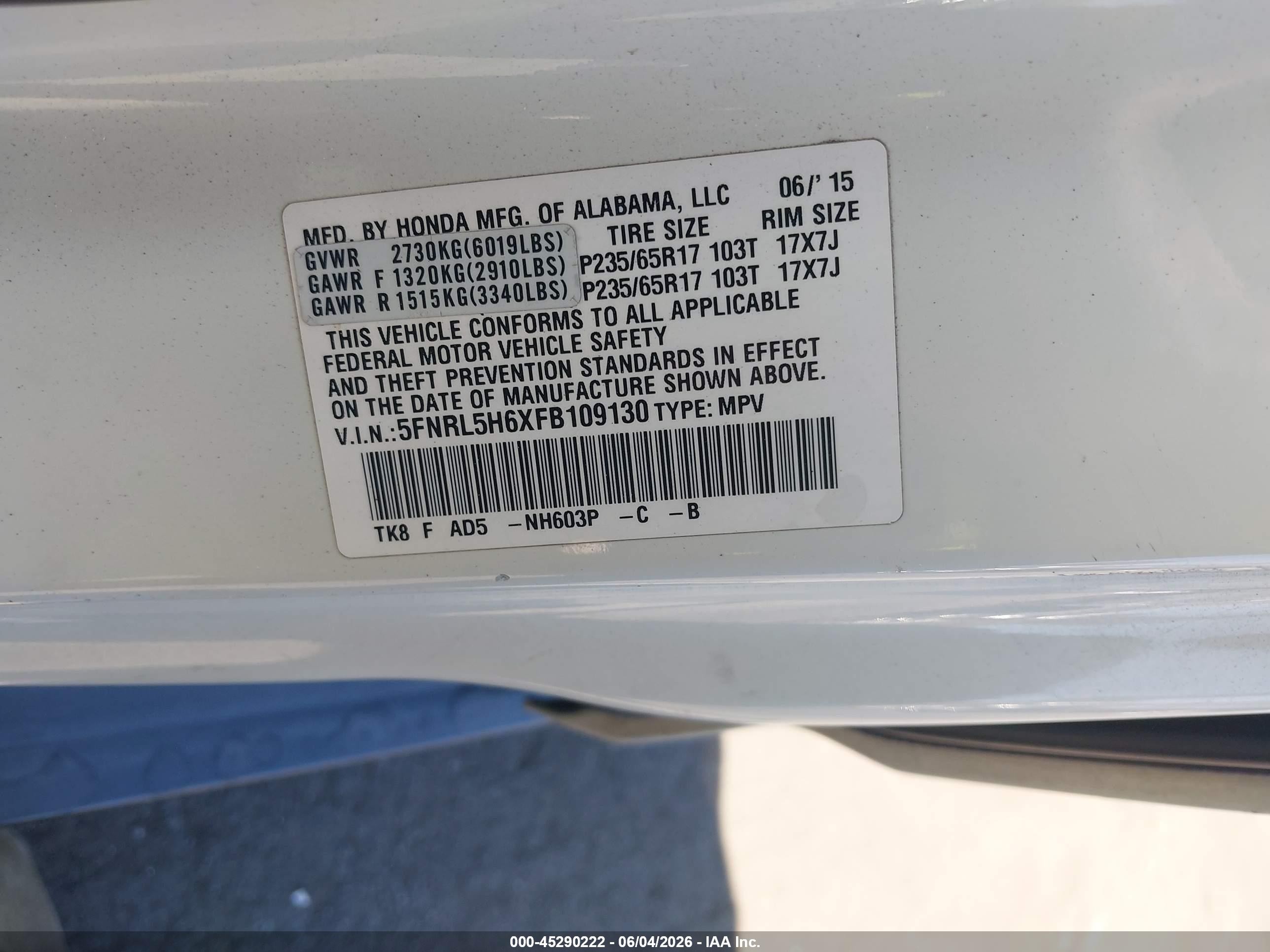 2015 Honda Odyssey Ex-l White vin: 5FNRL5H6XFB109130