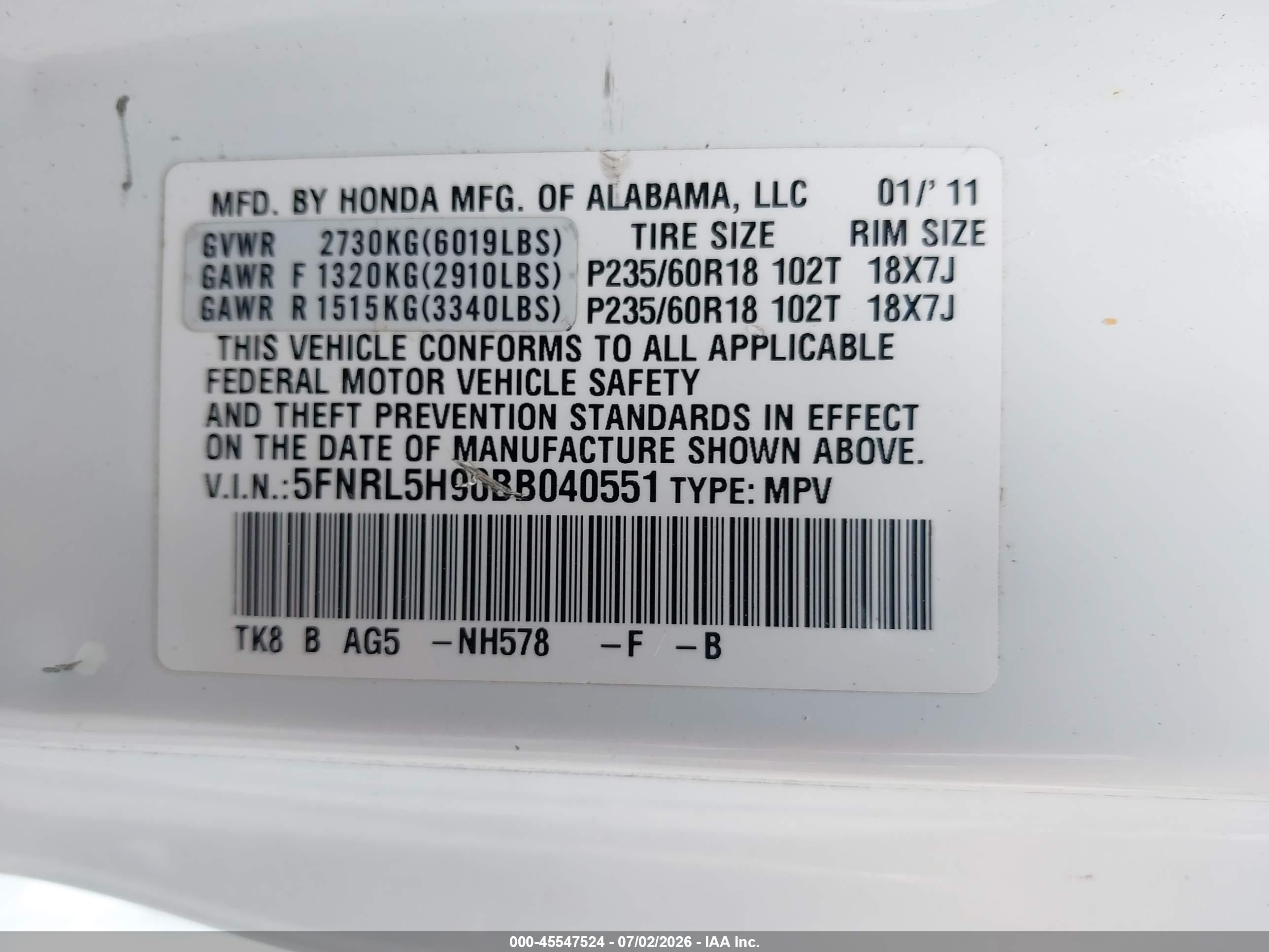 2011 Honda Odyssey Touring/touring Elite White vin: 5FNRL5H90BB040551
