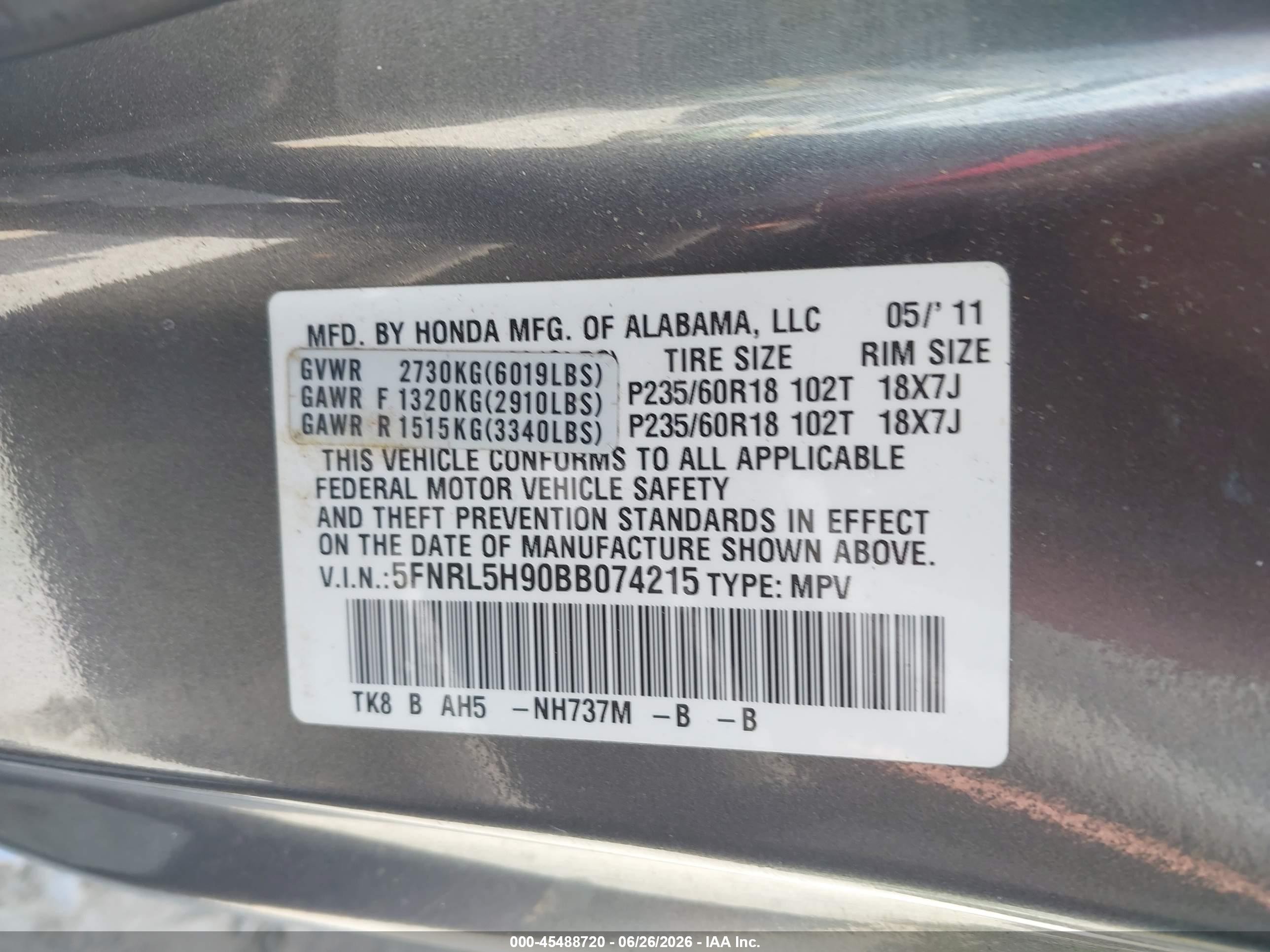 2011 Honda Odyssey Touring/touring Elite Серый vin: 5FNRL5H90BB074215
