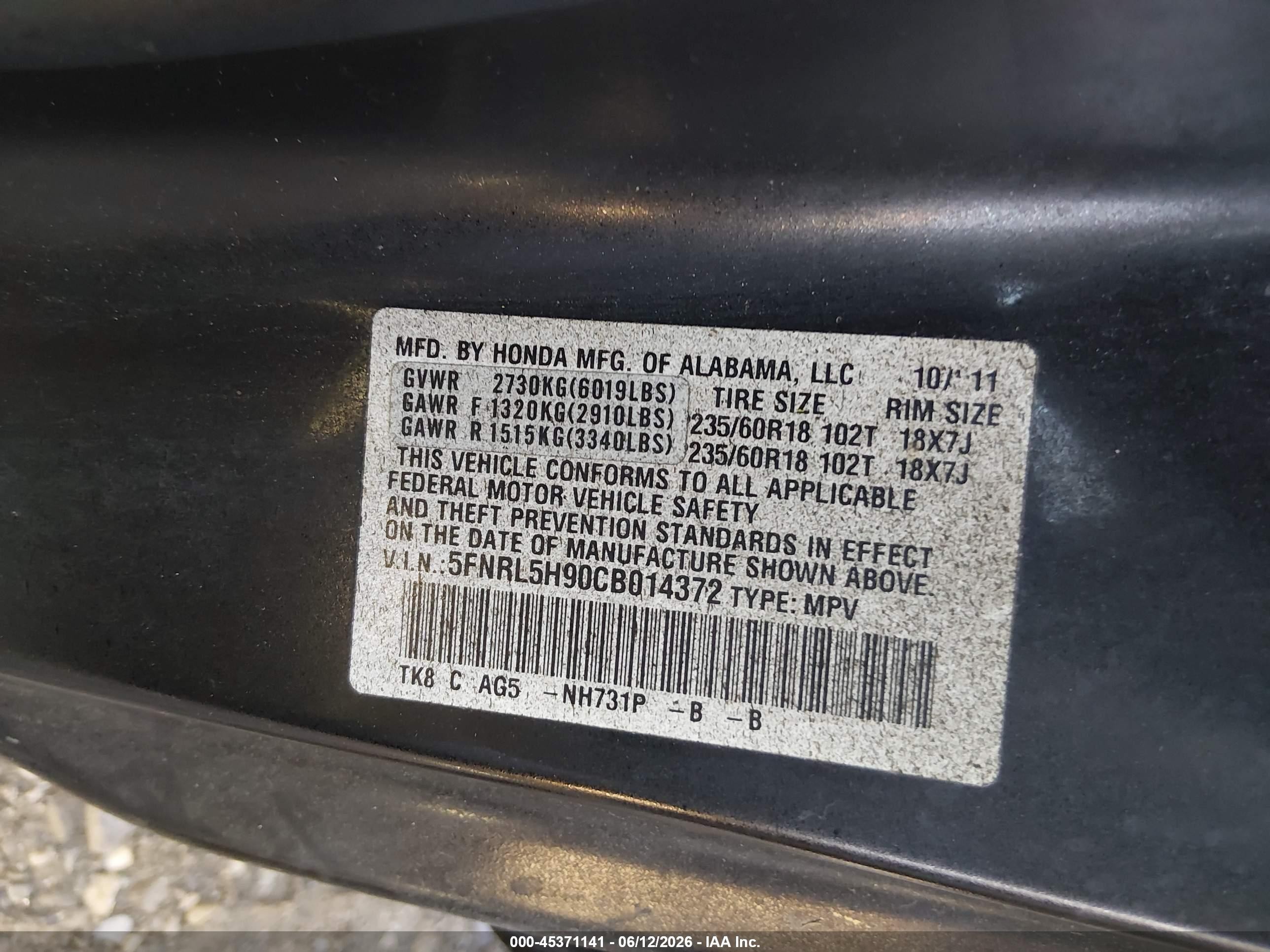 2012 Honda Odyssey Touring/touring Elite Black vin: 5FNRL5H90CB014372