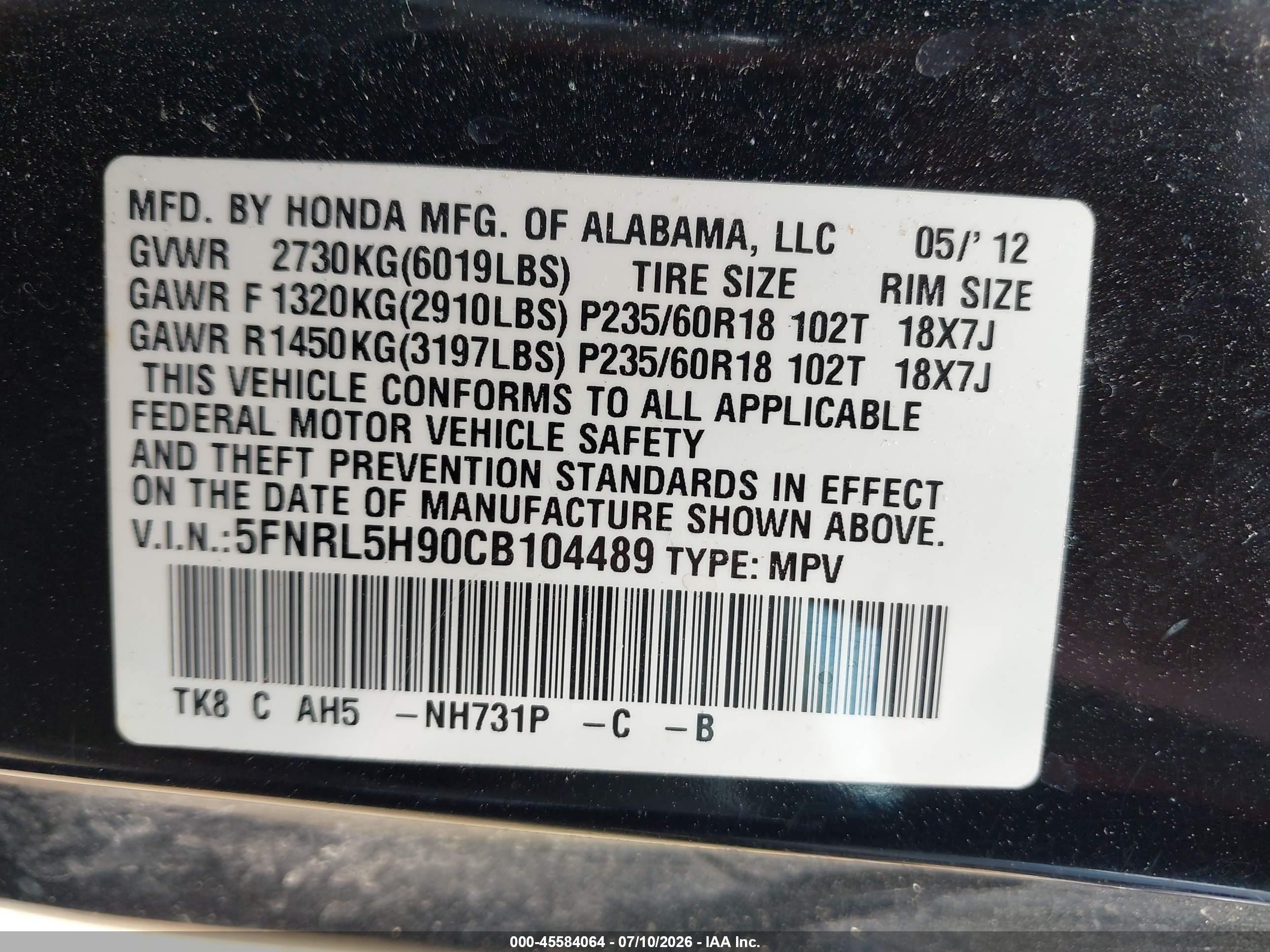 2012 Honda Odyssey Touring/touring Elite Black vin: 5FNRL5H90CB104489