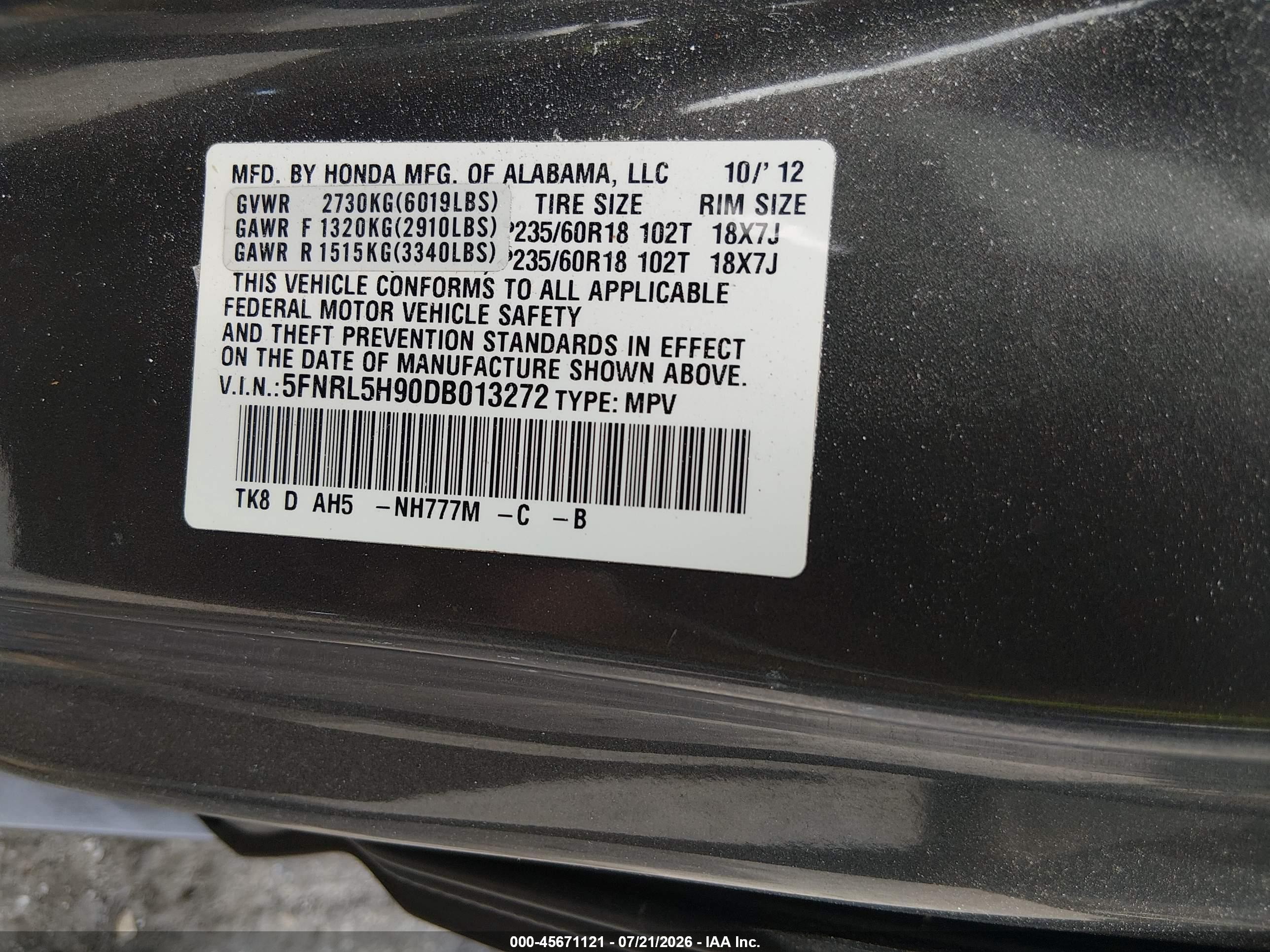 2013 Honda Odyssey Touring/touring Elite Gray vin: 5FNRL5H90DB013272