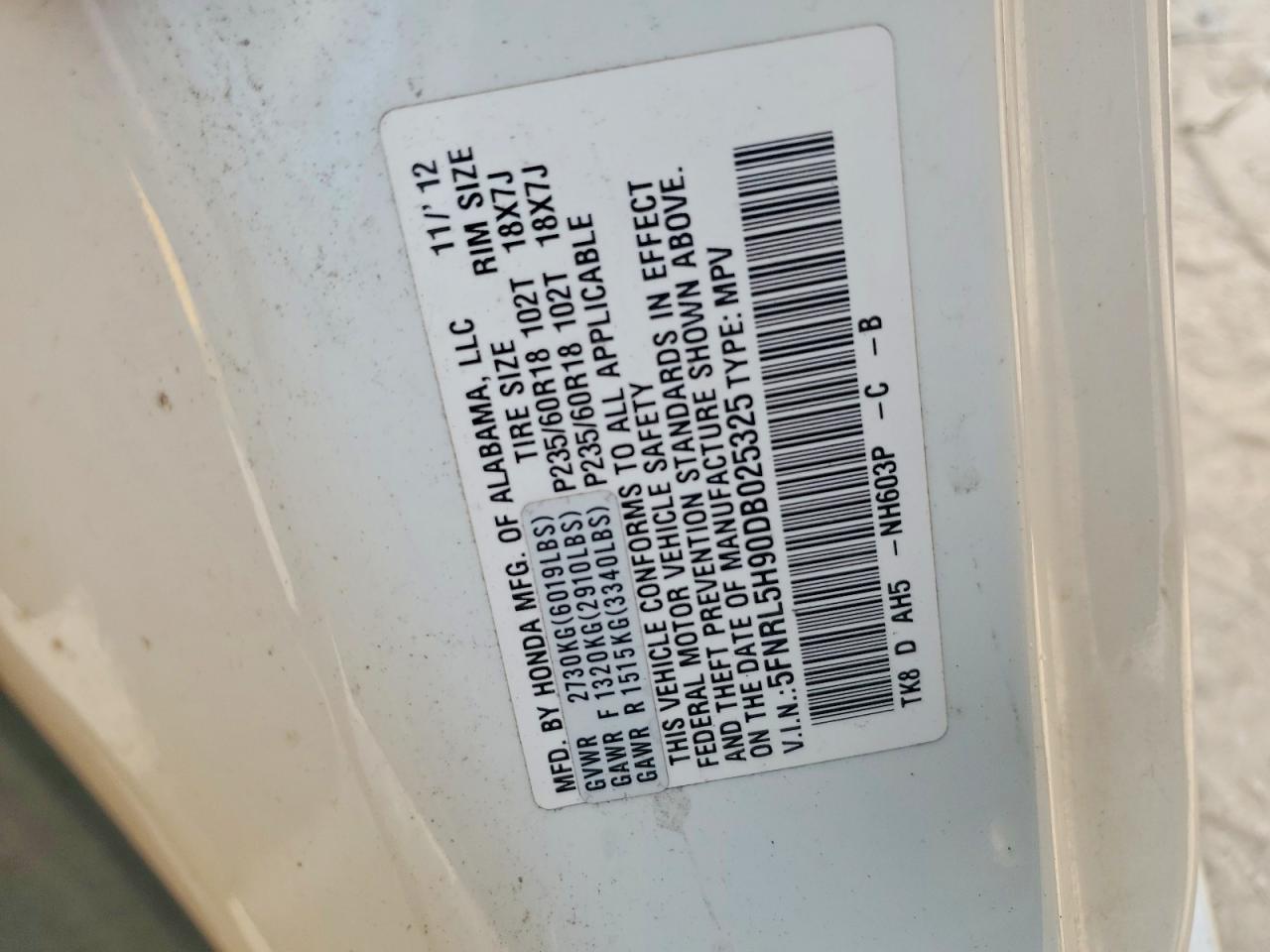 2013 Honda Odyssey Touring White vin: 5FNRL5H90DB025325