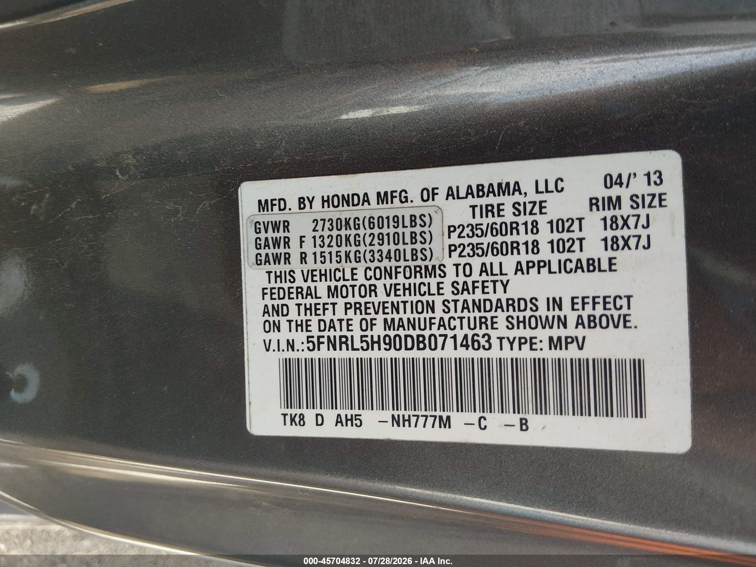 2013 Honda Odyssey Touring/touring Elite Gray vin: 5FNRL5H90DB071463