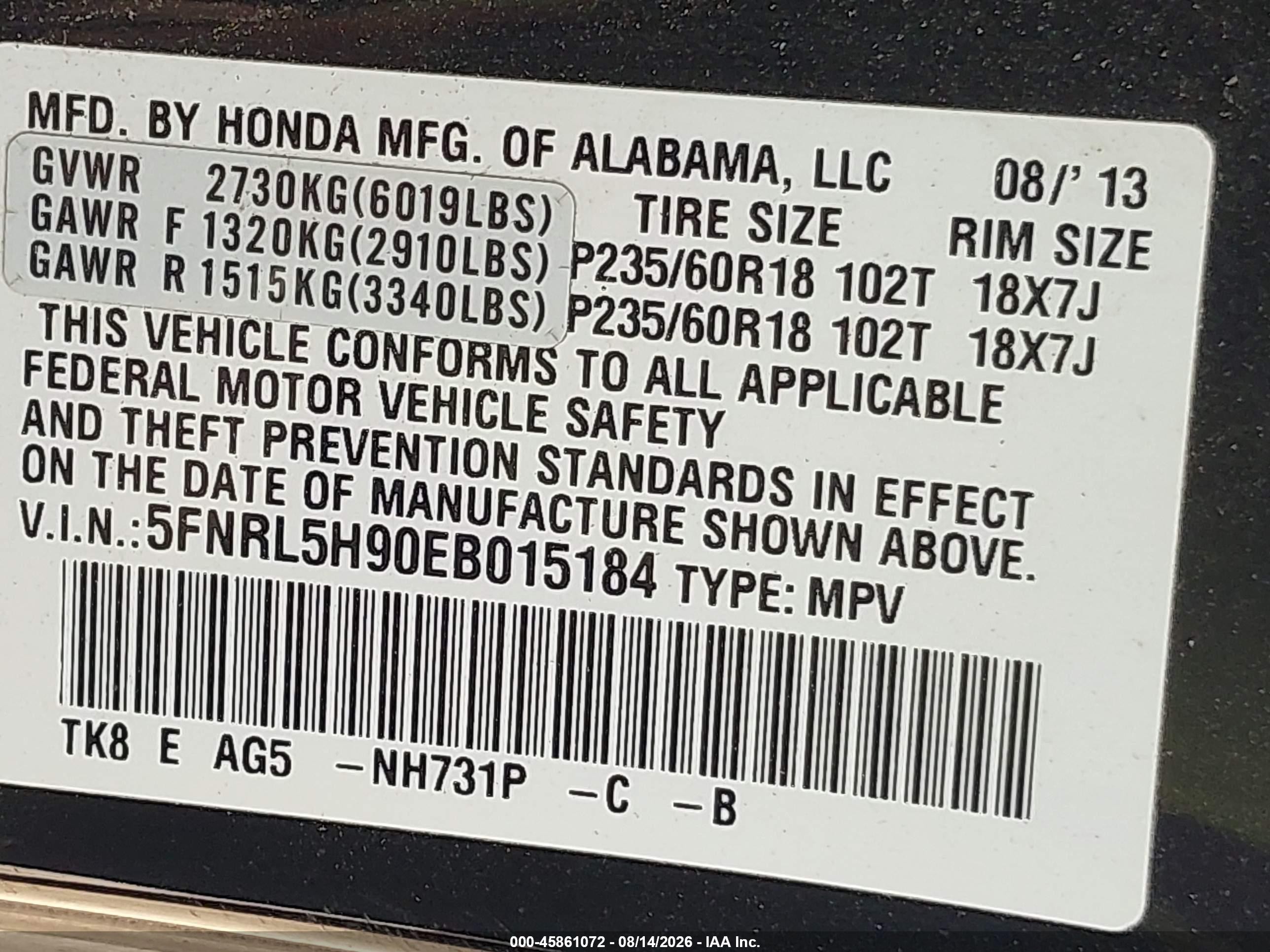 2014 Honda Odyssey Touring/touring Elite Black vin: 5FNRL5H90EB015184