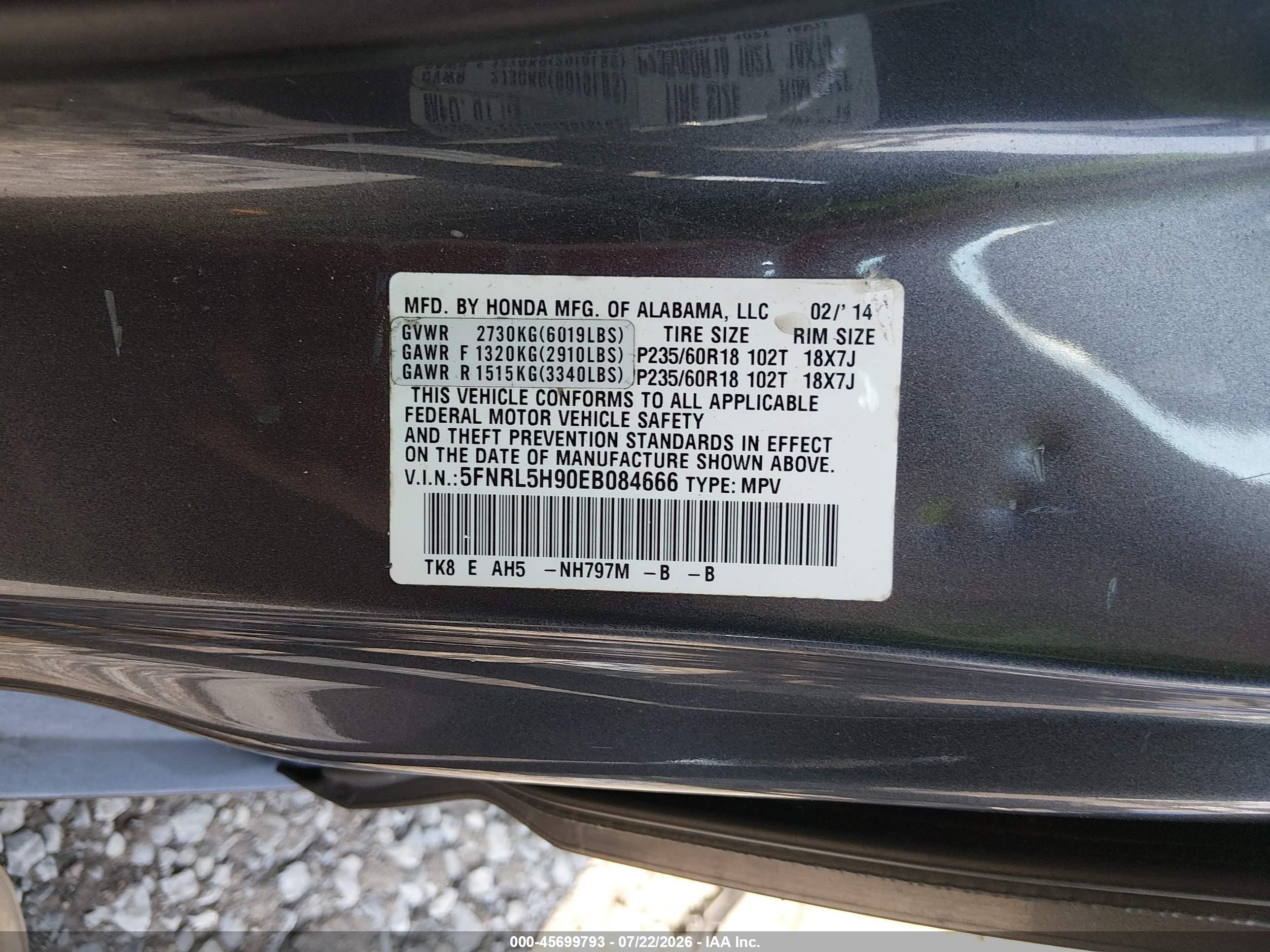2014 Honda Odyssey Touring/touring Elite Gray vin: 5FNRL5H90EB084666