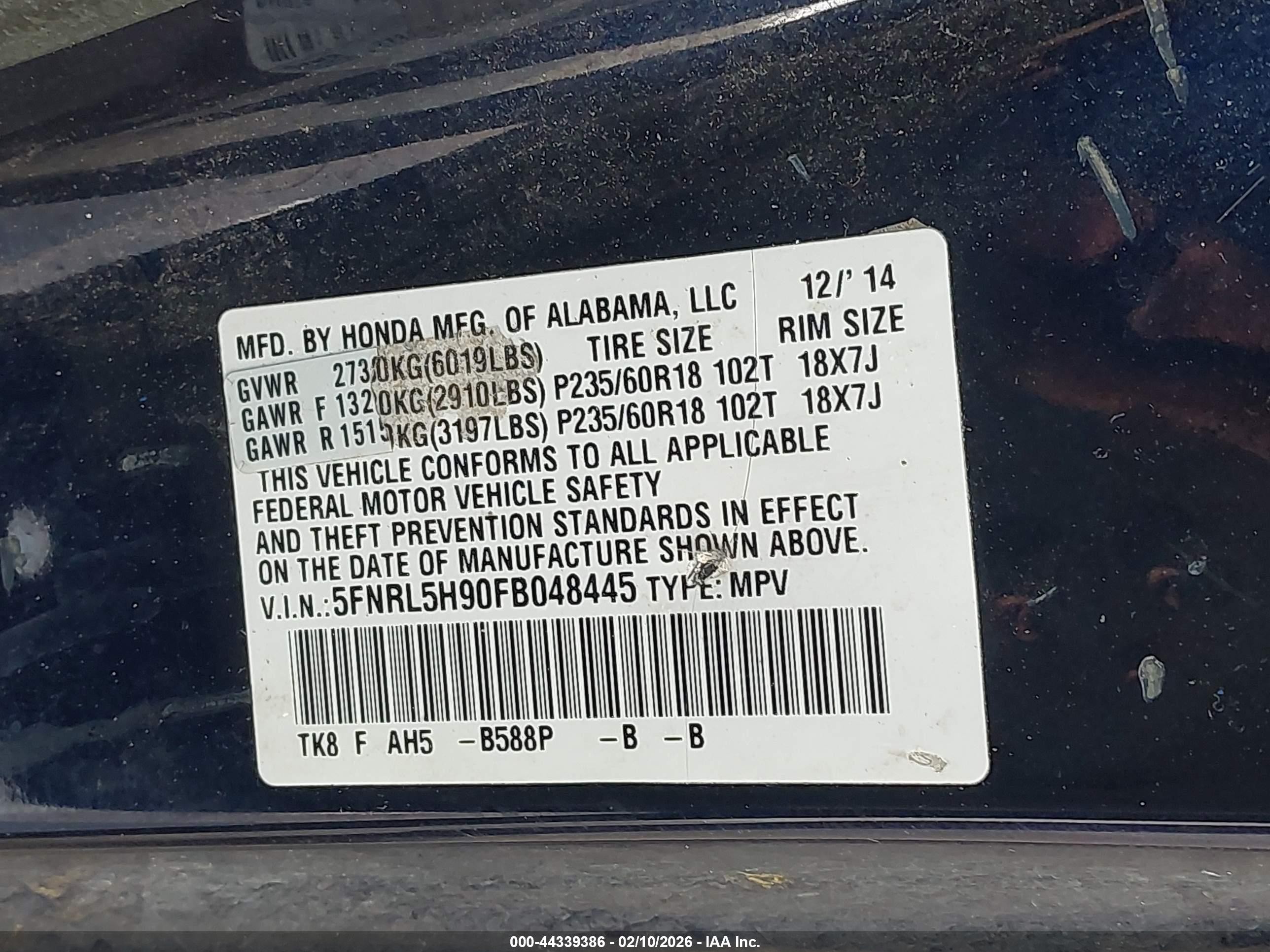 2015 Honda Odyssey Touring/touring Elite Blue vin: 5FNRL5H90FB048445