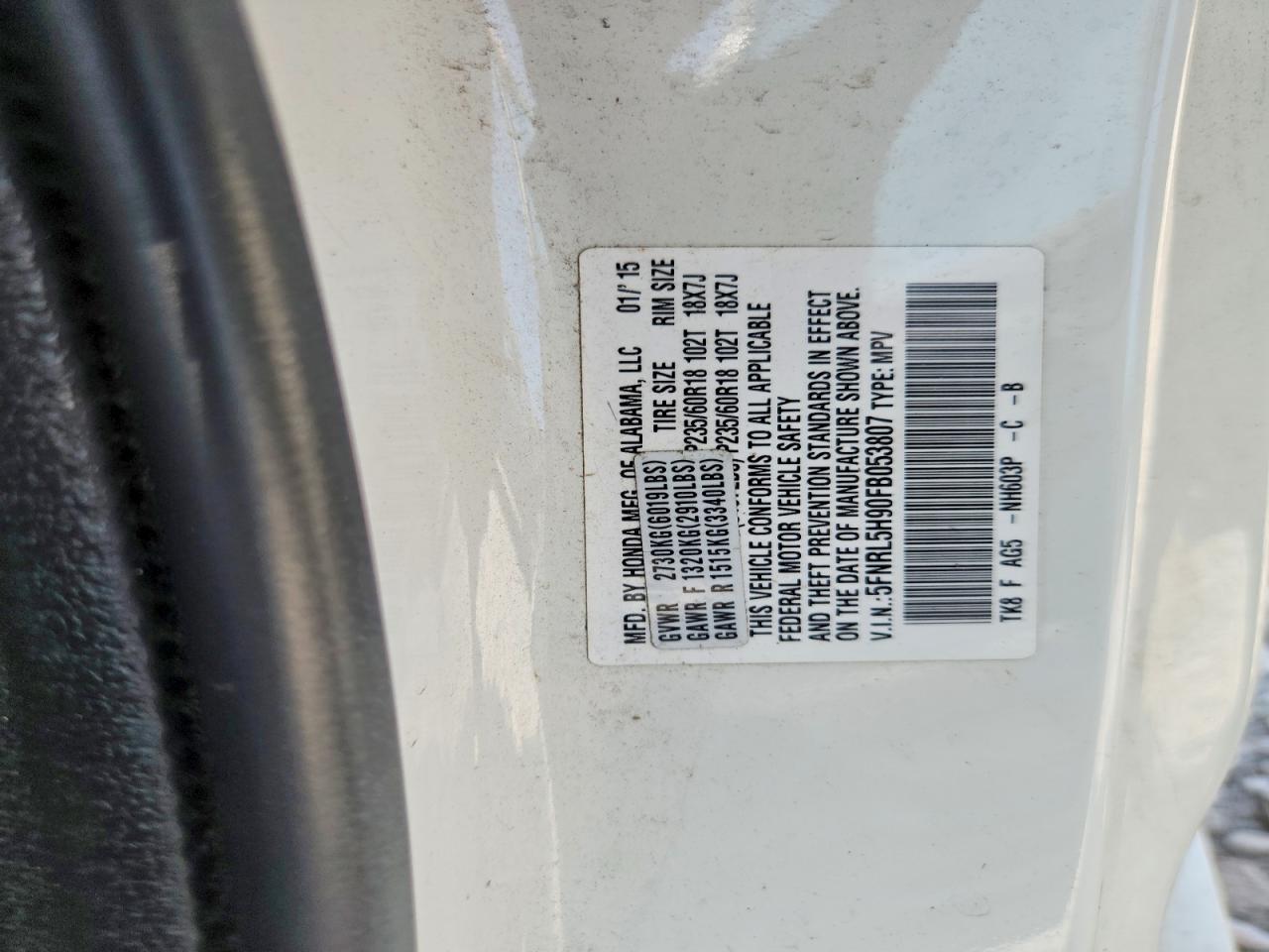 2015 Honda Odyssey Touring White vin: 5FNRL5H90FB053807
