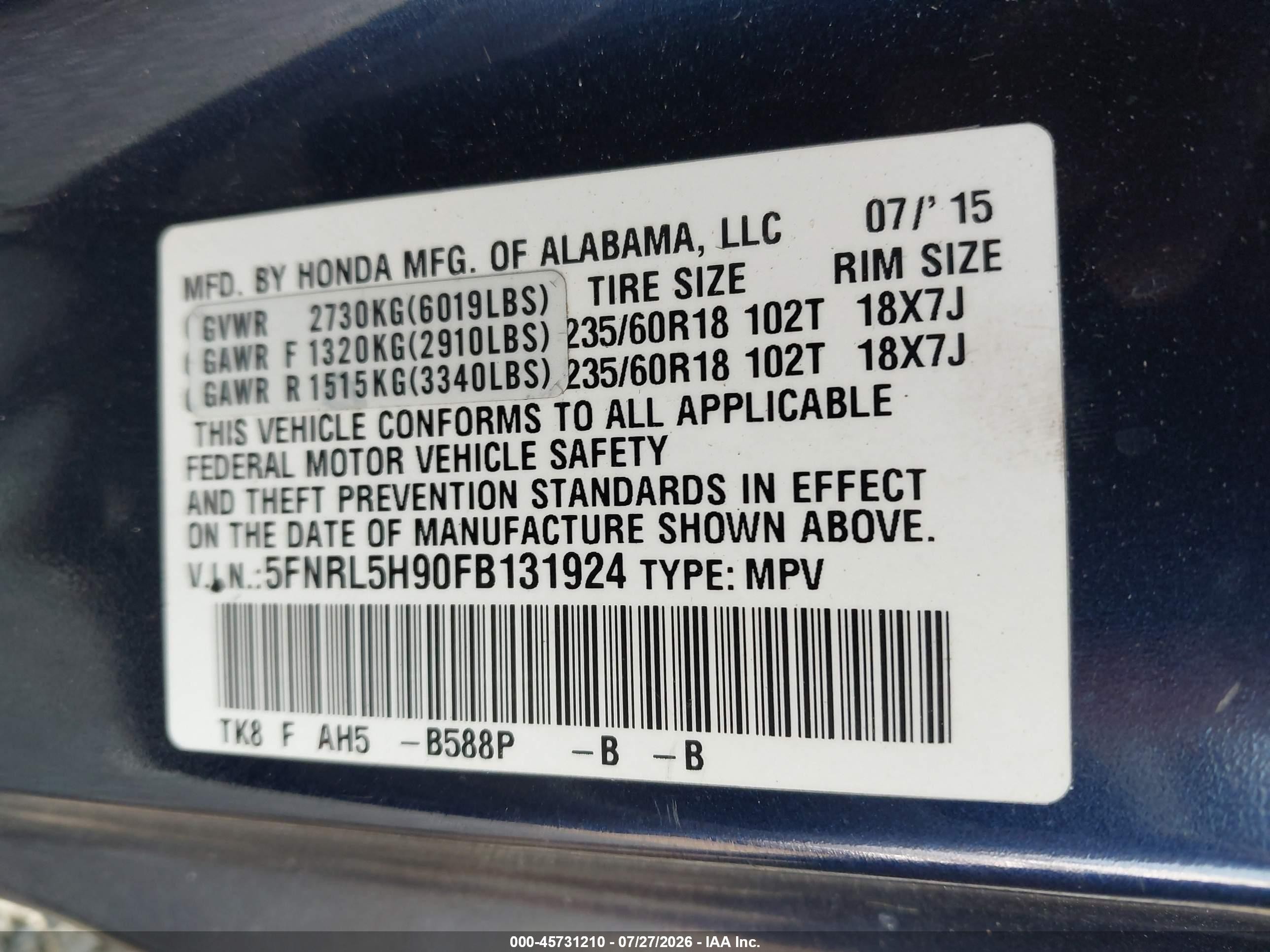 2015 Honda Odyssey Touring/touring Elite Dark Blue vin: 5FNRL5H90FB131924