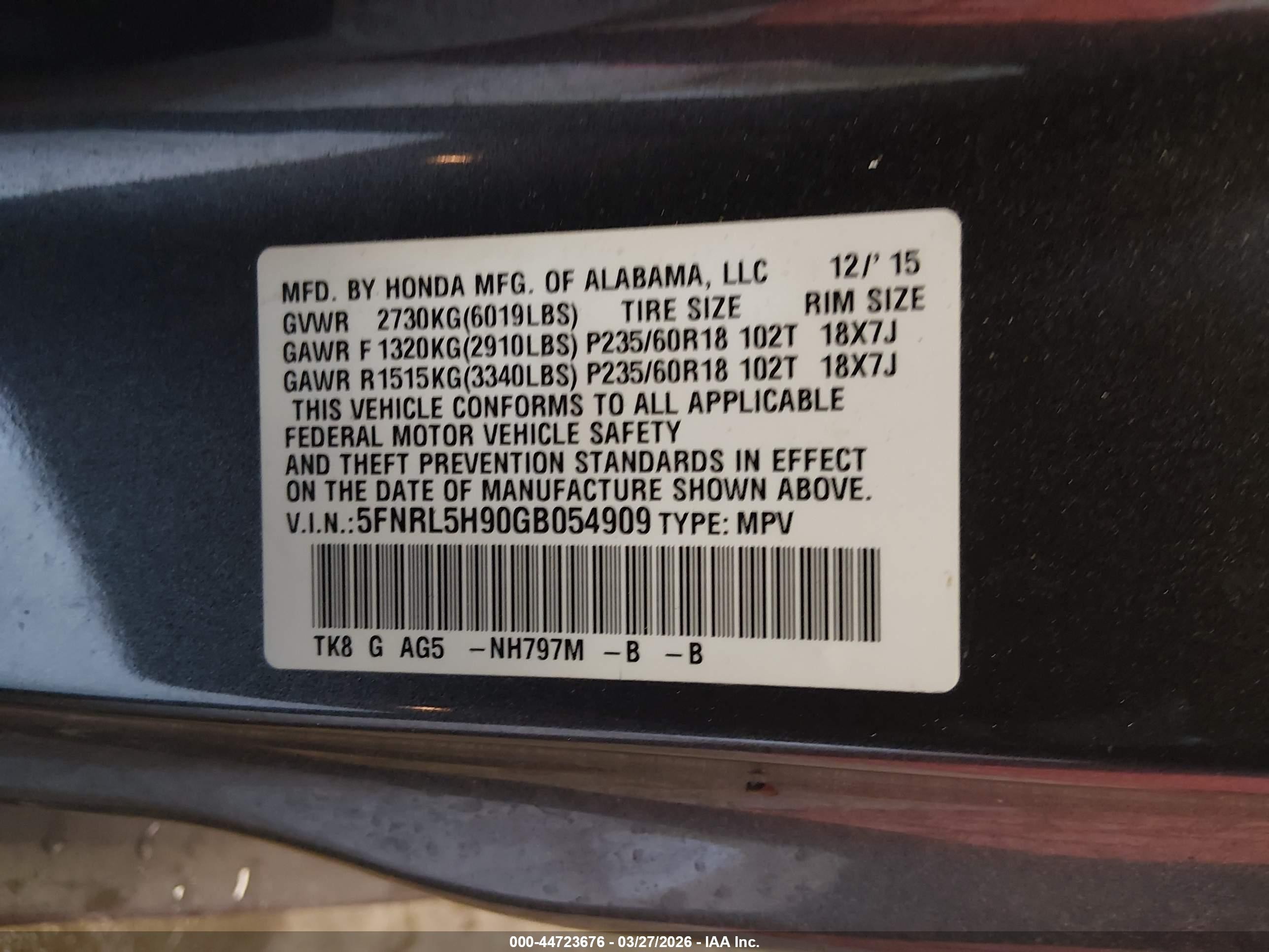 2016 Honda Odyssey Touring/touring Elite Gray vin: 5FNRL5H90GB054909