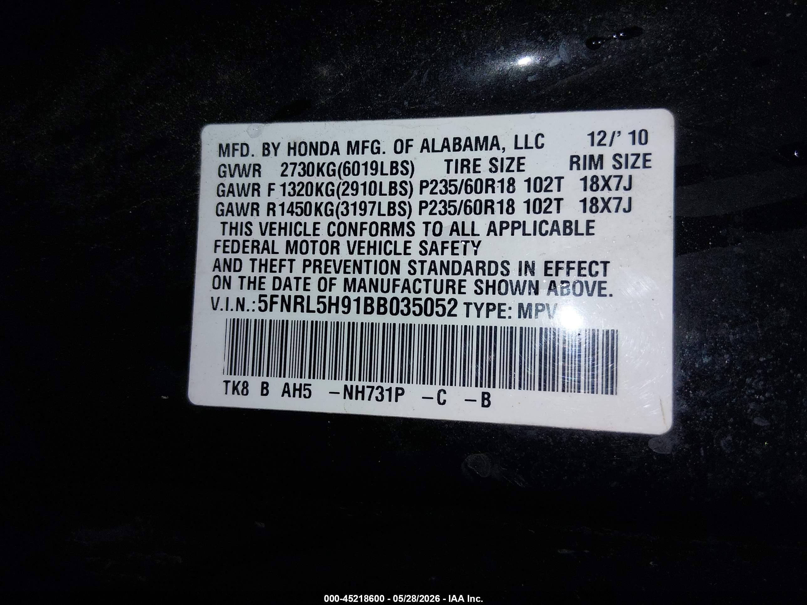 2011 Honda Odyssey Touring/touring Elite Black vin: 5FNRL5H91BB035052