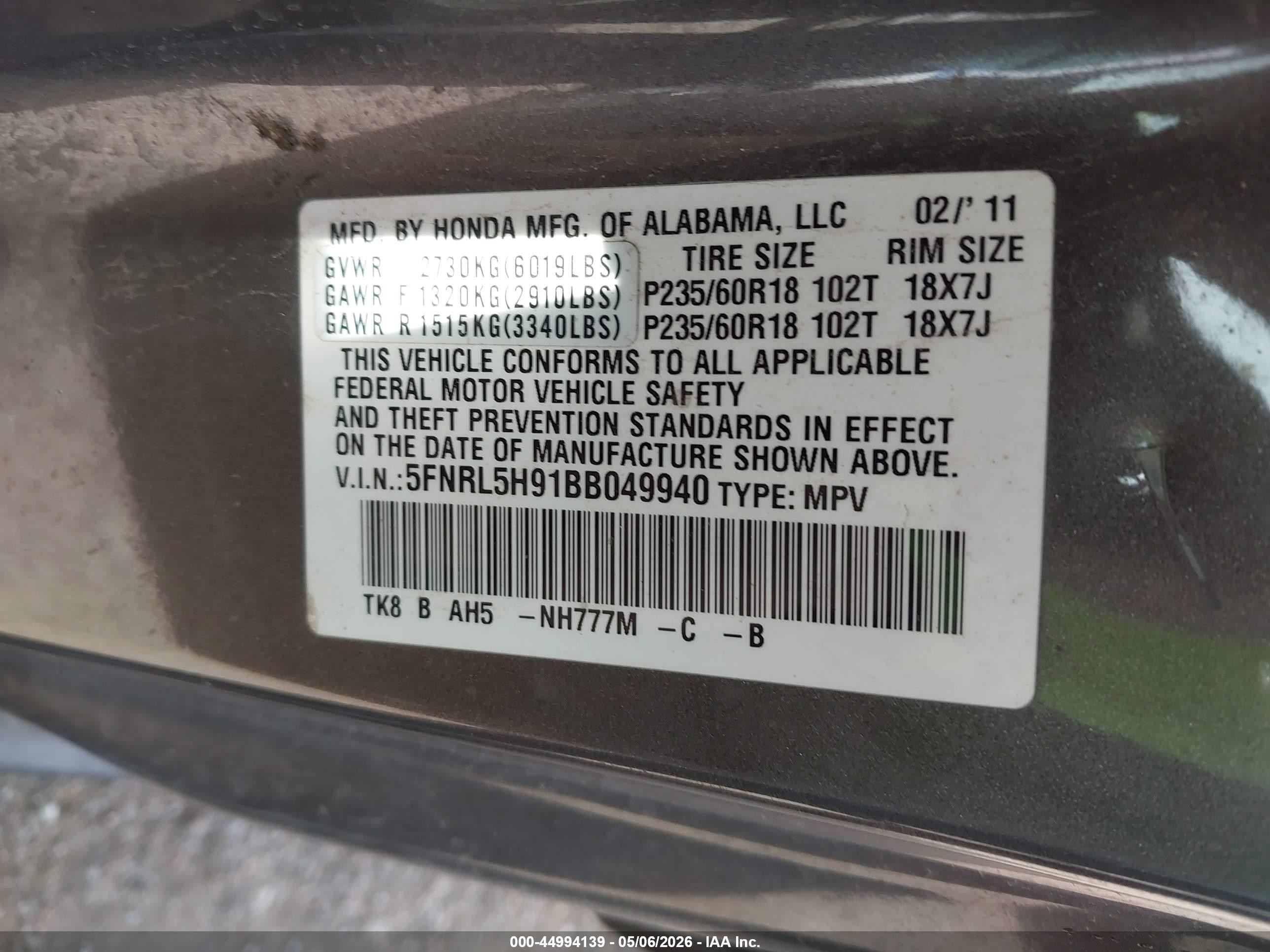 2011 Honda Odyssey Touring/touring Elite Silver vin: 5FNRL5H91BB049940
