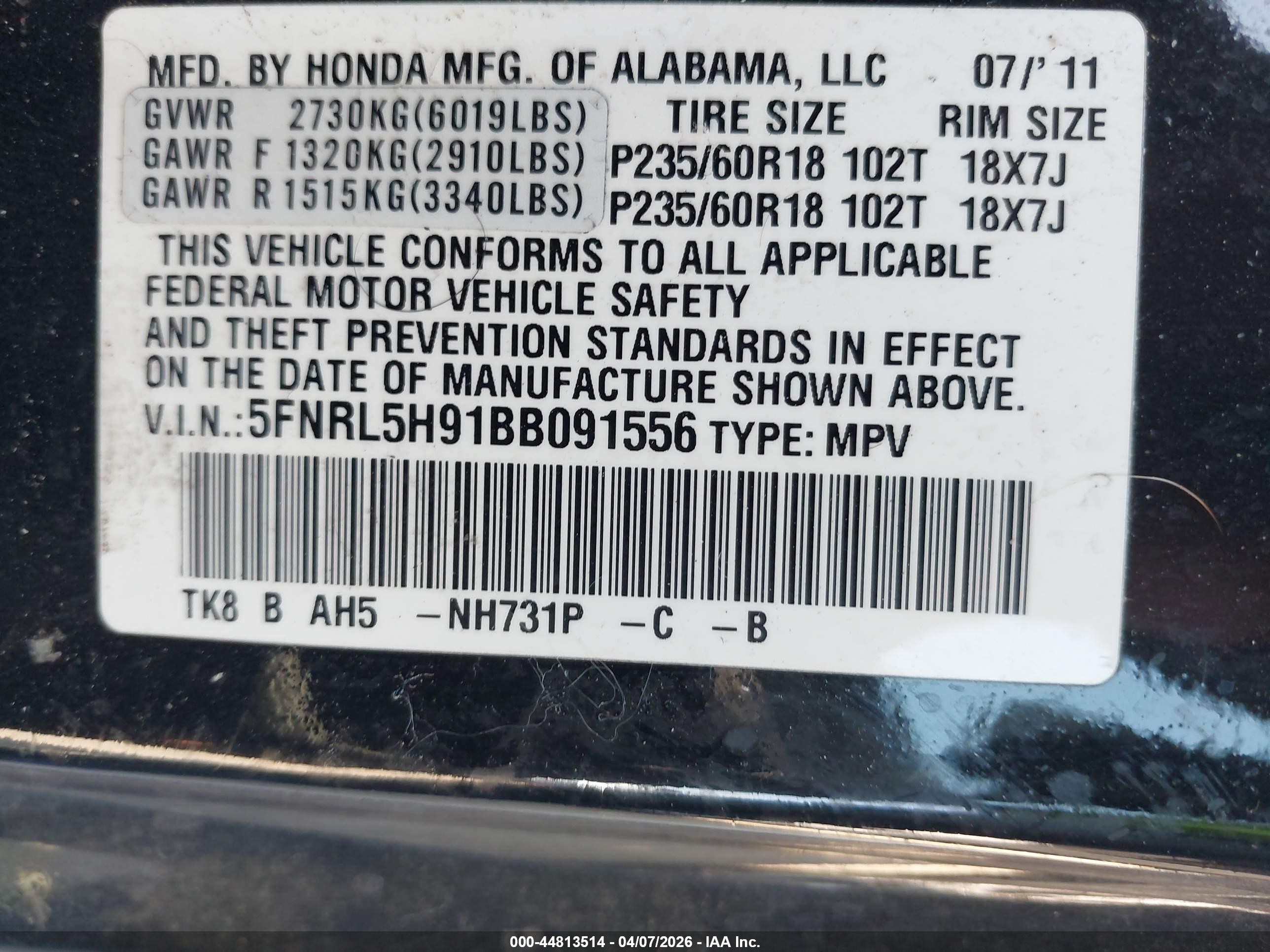 2011 Honda Odyssey Touring/touring Elite Black vin: 5FNRL5H91BB091556