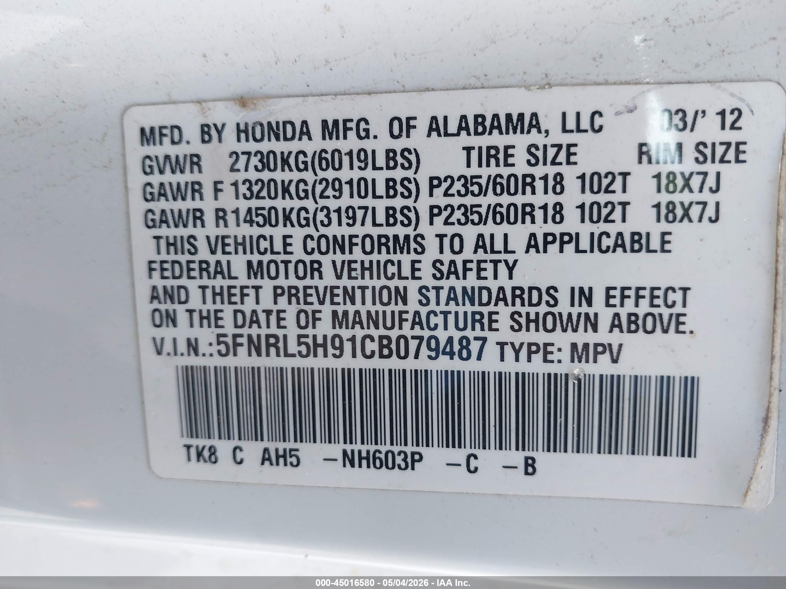 2012 Honda Odyssey Touring/touring Elite Белый vin: 5FNRL5H91CB079487