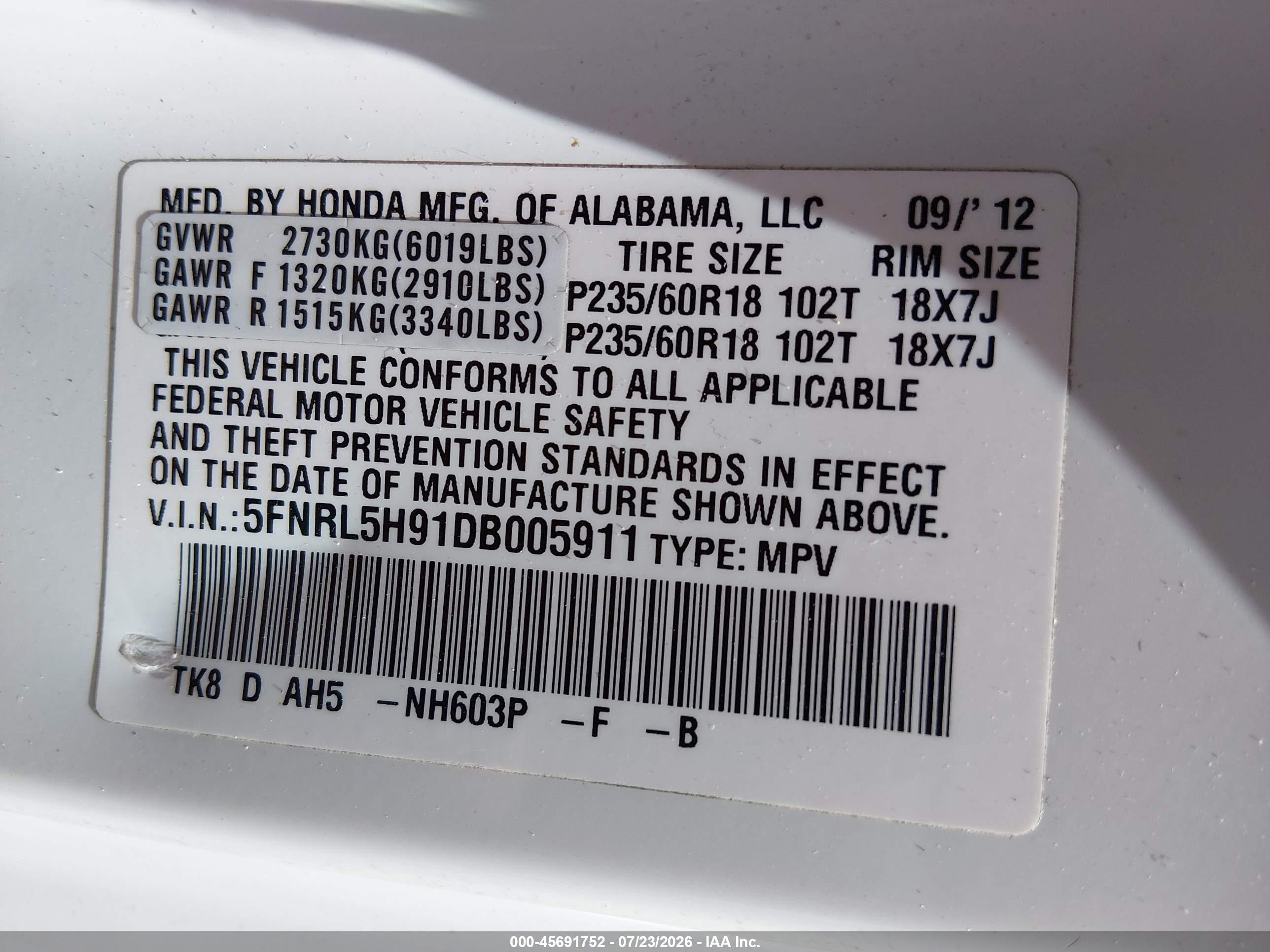 2013 Honda Odyssey Touring/touring Elite White vin: 5FNRL5H91DB005911