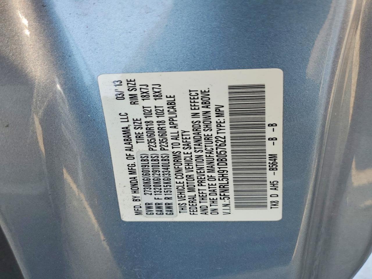 2013 Honda Odyssey Touring Blue vin: 5FNRL5H91DB057622