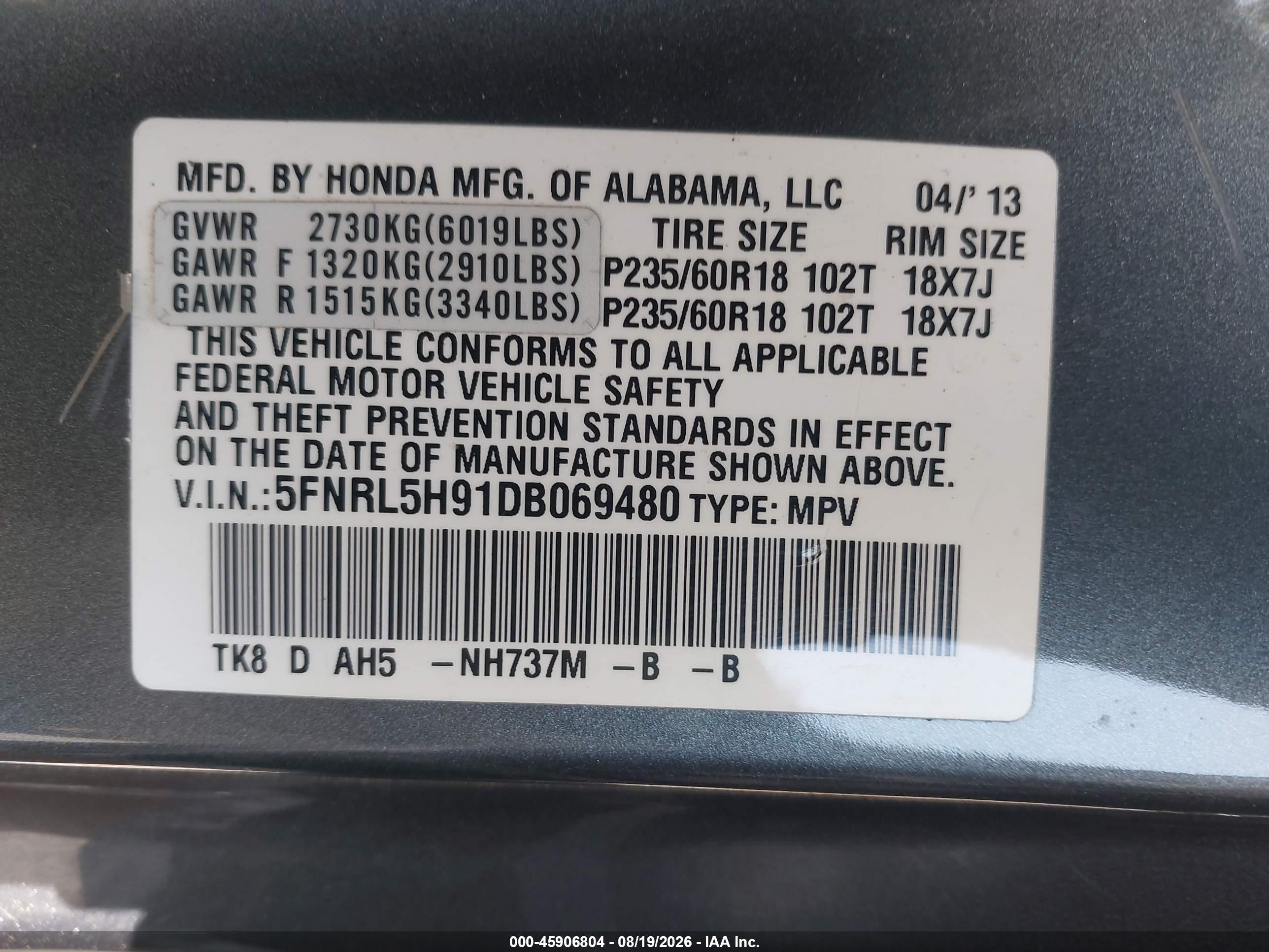 2013 Honda Odyssey Touring/touring Elite Серый vin: 5FNRL5H91DB069480