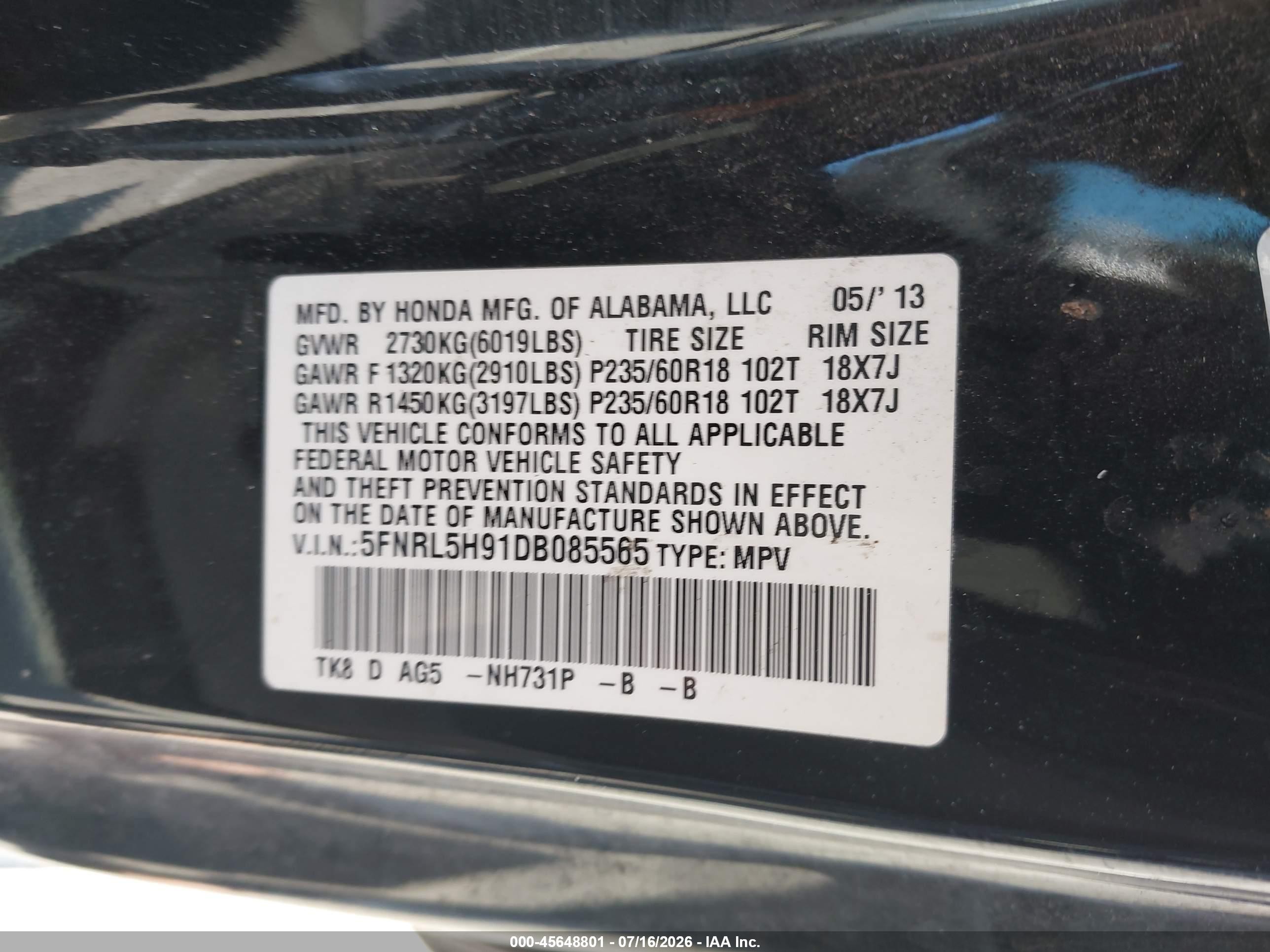 2013 Honda Odyssey Touring/touring Elite Black vin: 5FNRL5H91DB085565