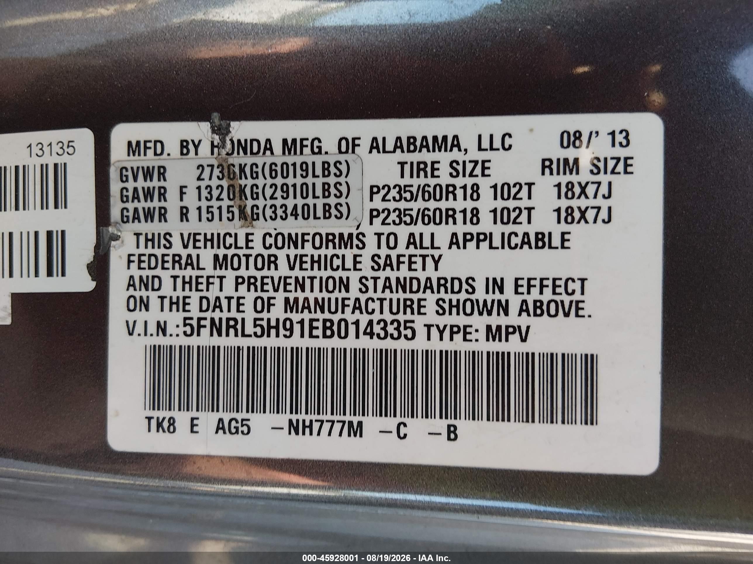 2014 Honda Odyssey Touring/touring Elite Gray vin: 5FNRL5H91EB014335