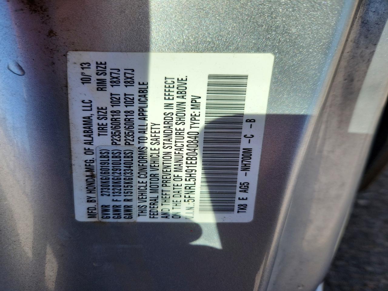 2014 Honda Odyssey Touring Silver vin: 5FNRL5H91EB040840