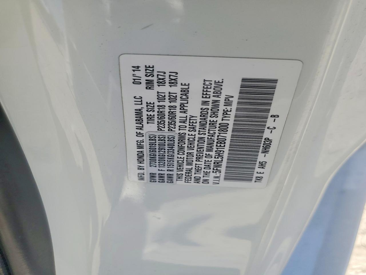 2014 Honda Odyssey Touring White vin: 5FNRL5H91EB071800