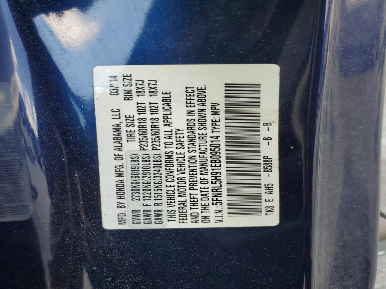 2014 Honda Odyssey Touring Blue vin: 5FNRL5H91EB095014