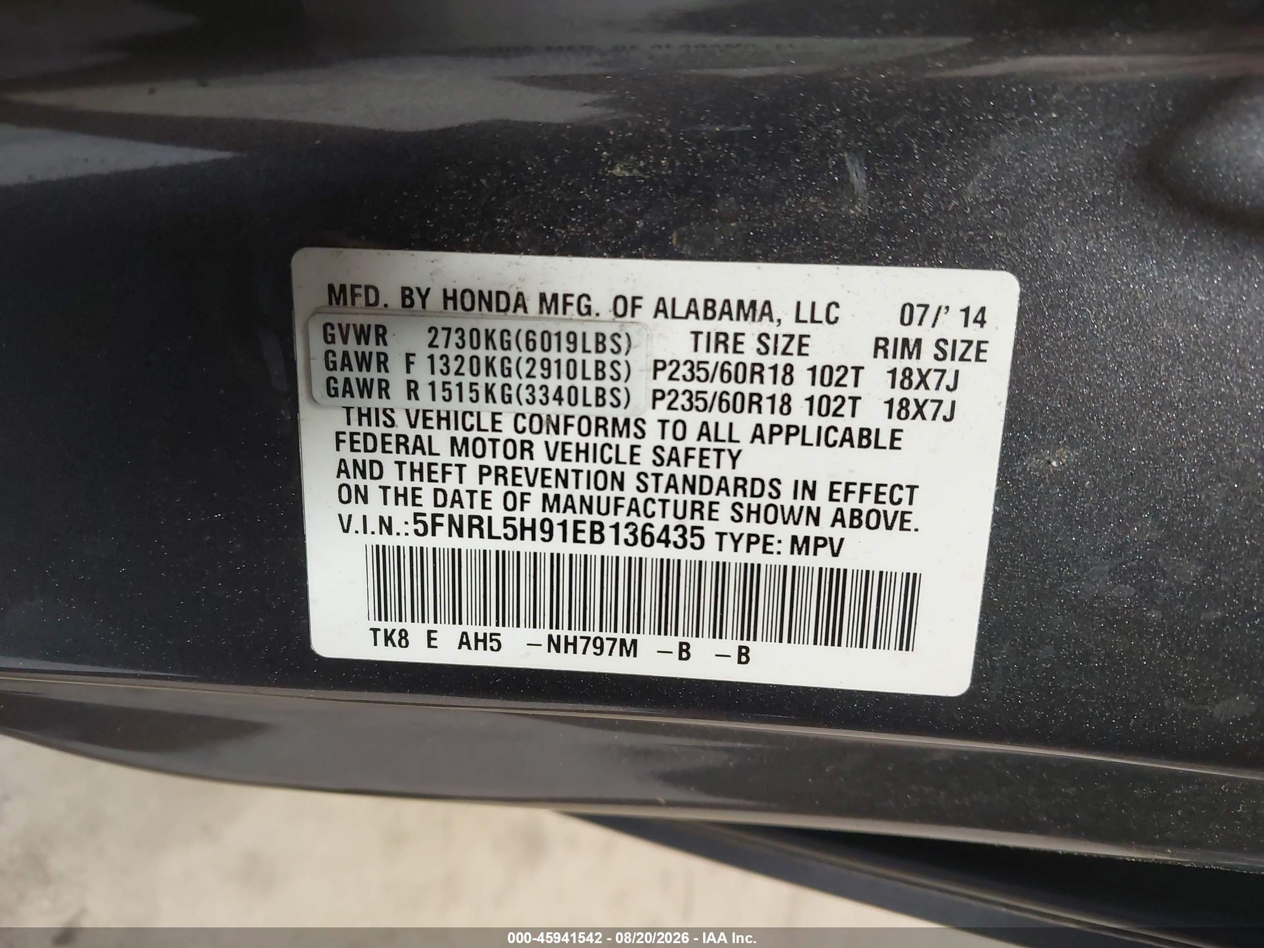2014 Honda Odyssey Touring/touring Elite Gray vin: 5FNRL5H91EB136435