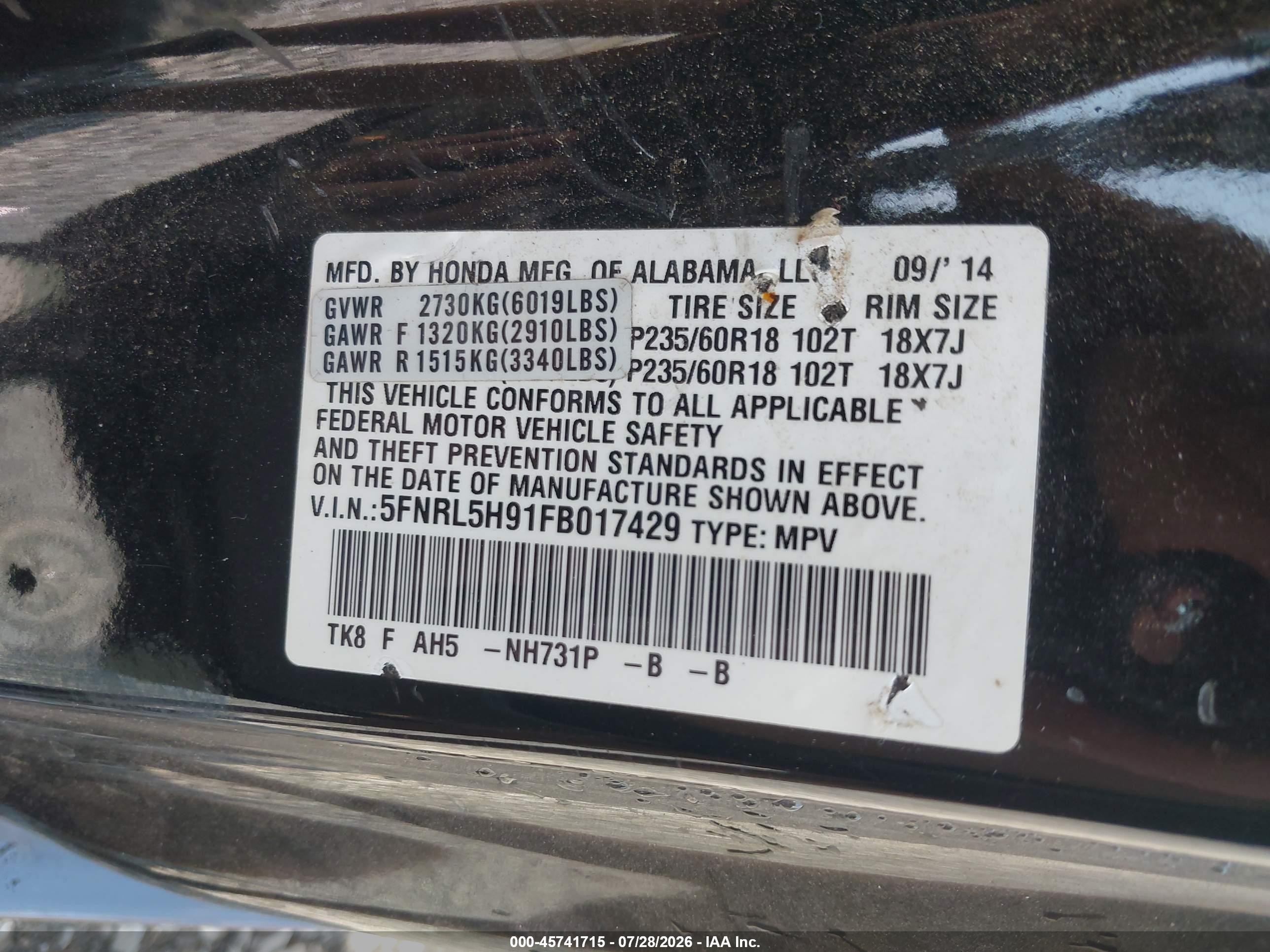2015 Honda Odyssey Touring/touring Elite Black vin: 5FNRL5H91FB017429
