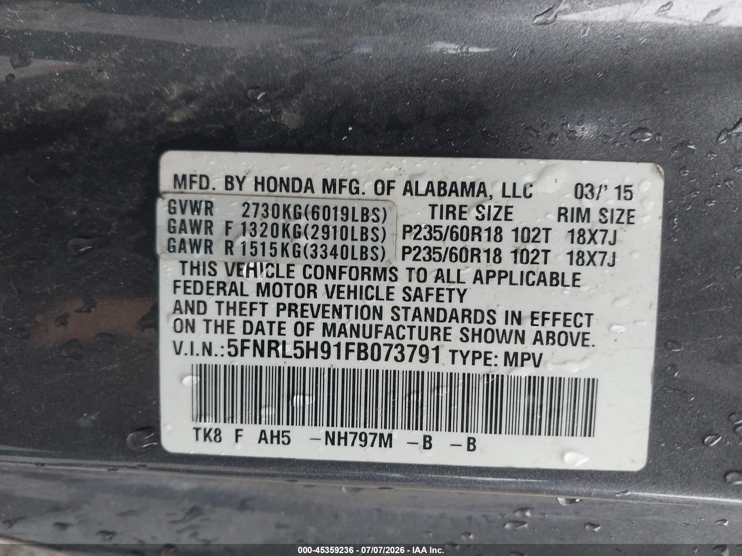 2015 Honda Odyssey Touring/touring Elite Gray vin: 5FNRL5H91FB073791