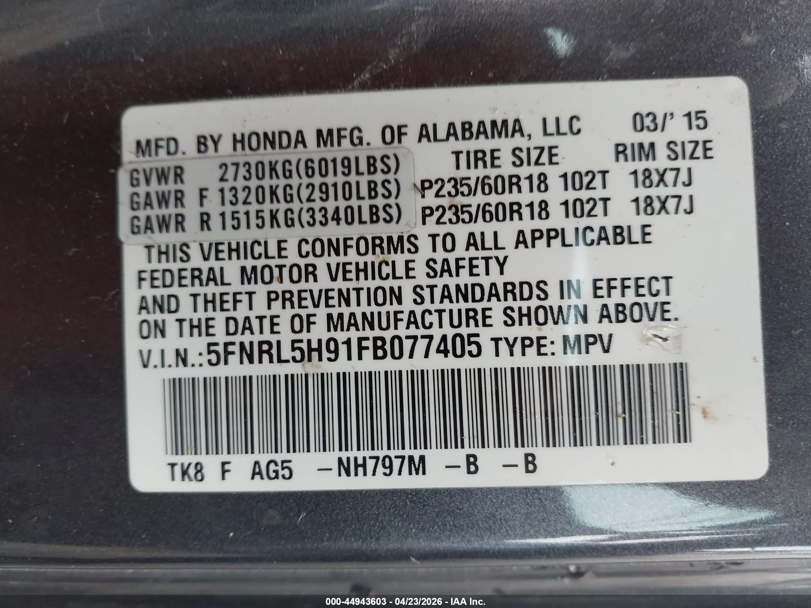2015 Honda Odyssey Touring/touring Elite Gray vin: 5FNRL5H91FB077405