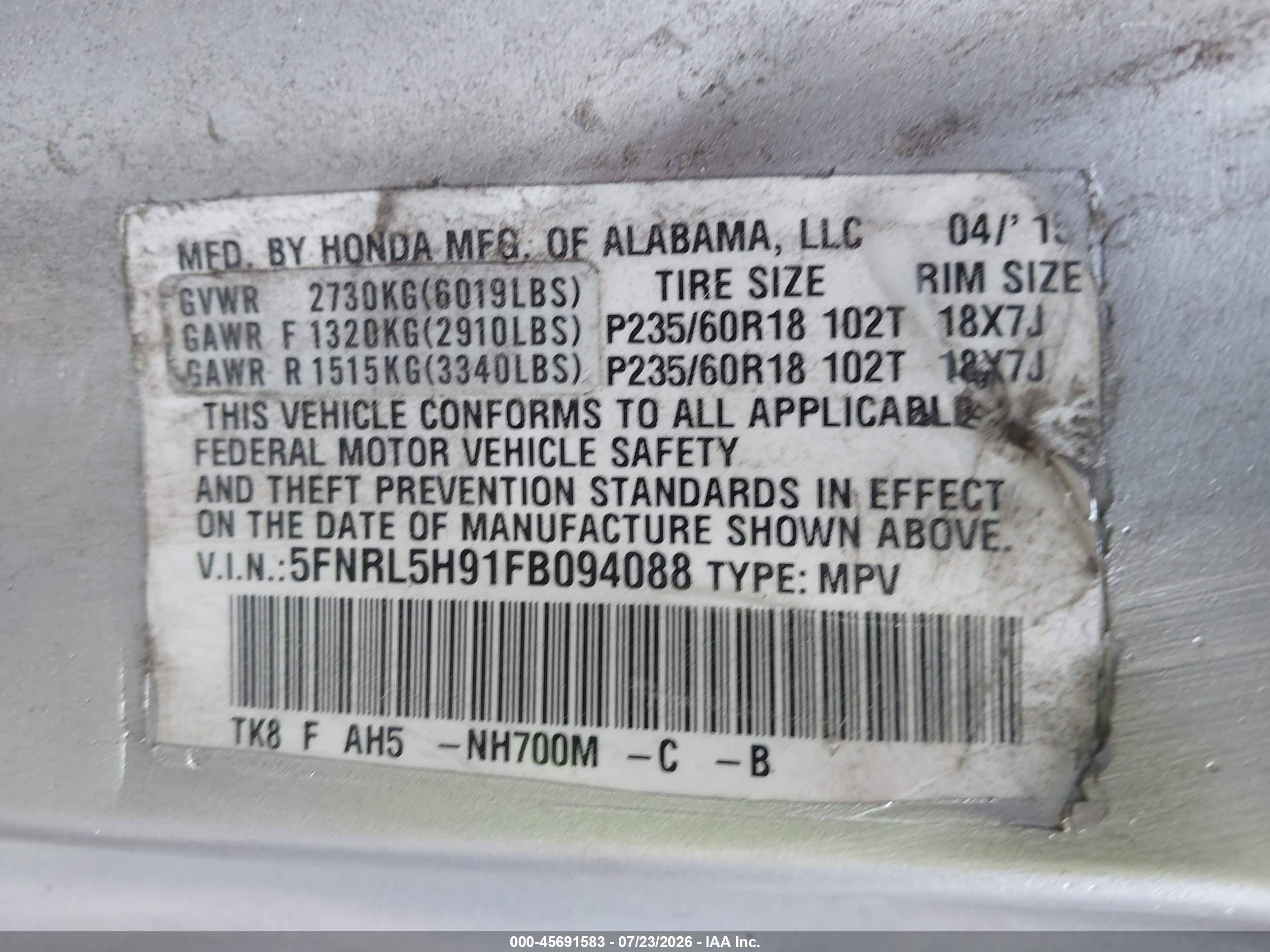 2015 Honda Odyssey Touring/touring Elite Silver vin: 5FNRL5H91FB094088