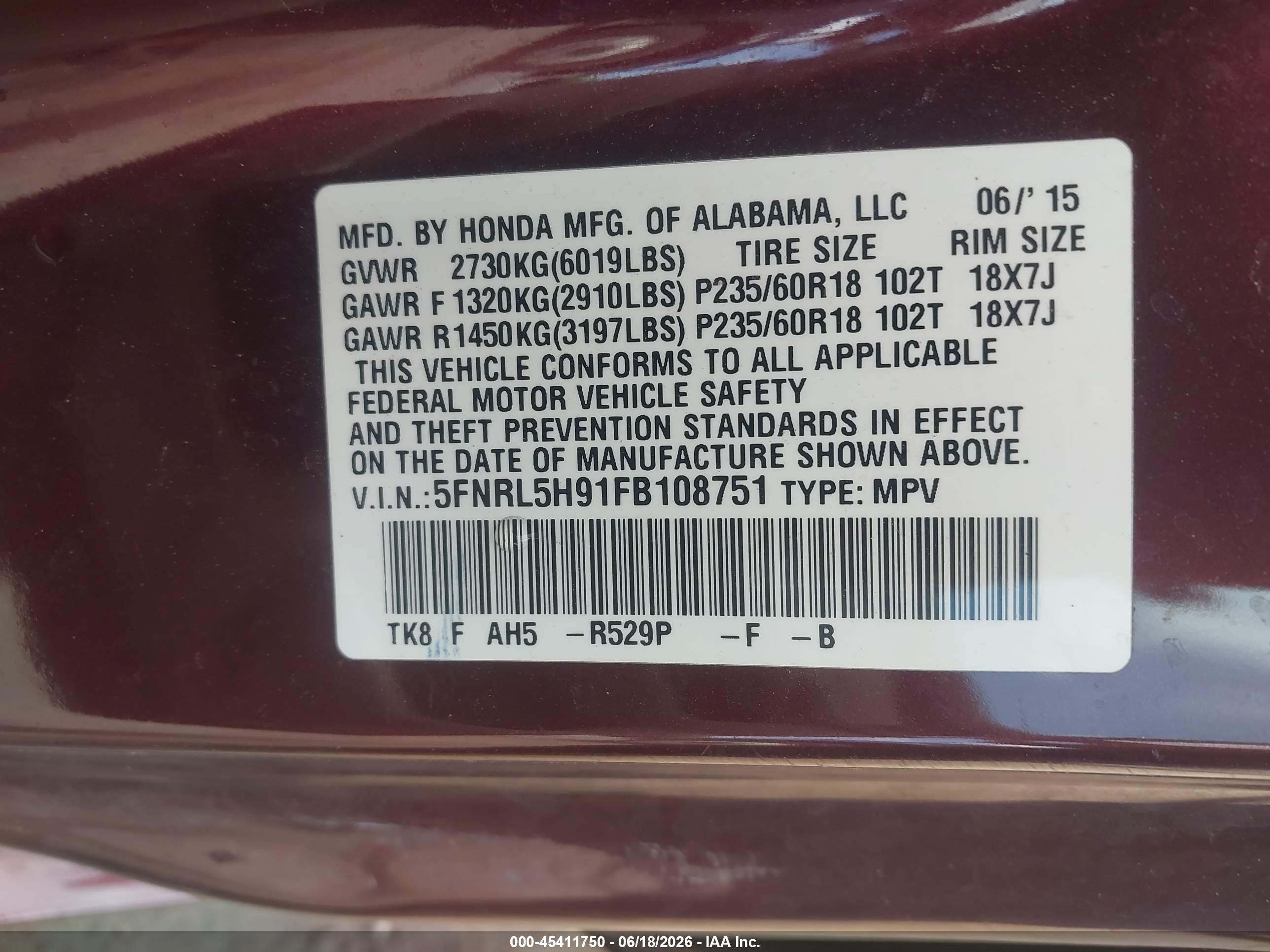2015 Honda Odyssey Touring/touring Elite Бордовый vin: 5FNRL5H91FB108751