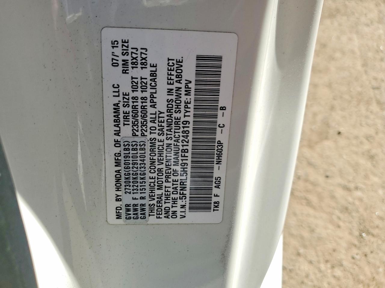 2015 Honda Odyssey Touring White vin: 5FNRL5H91FB124819