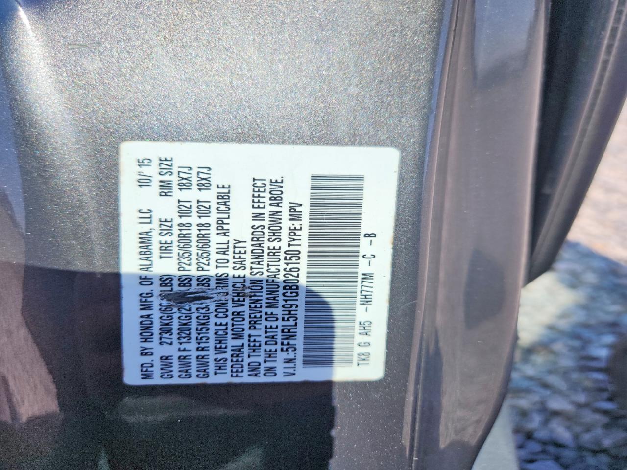 2016 Honda Odyssey Touring Charcoal vin: 5FNRL5H91GB026150