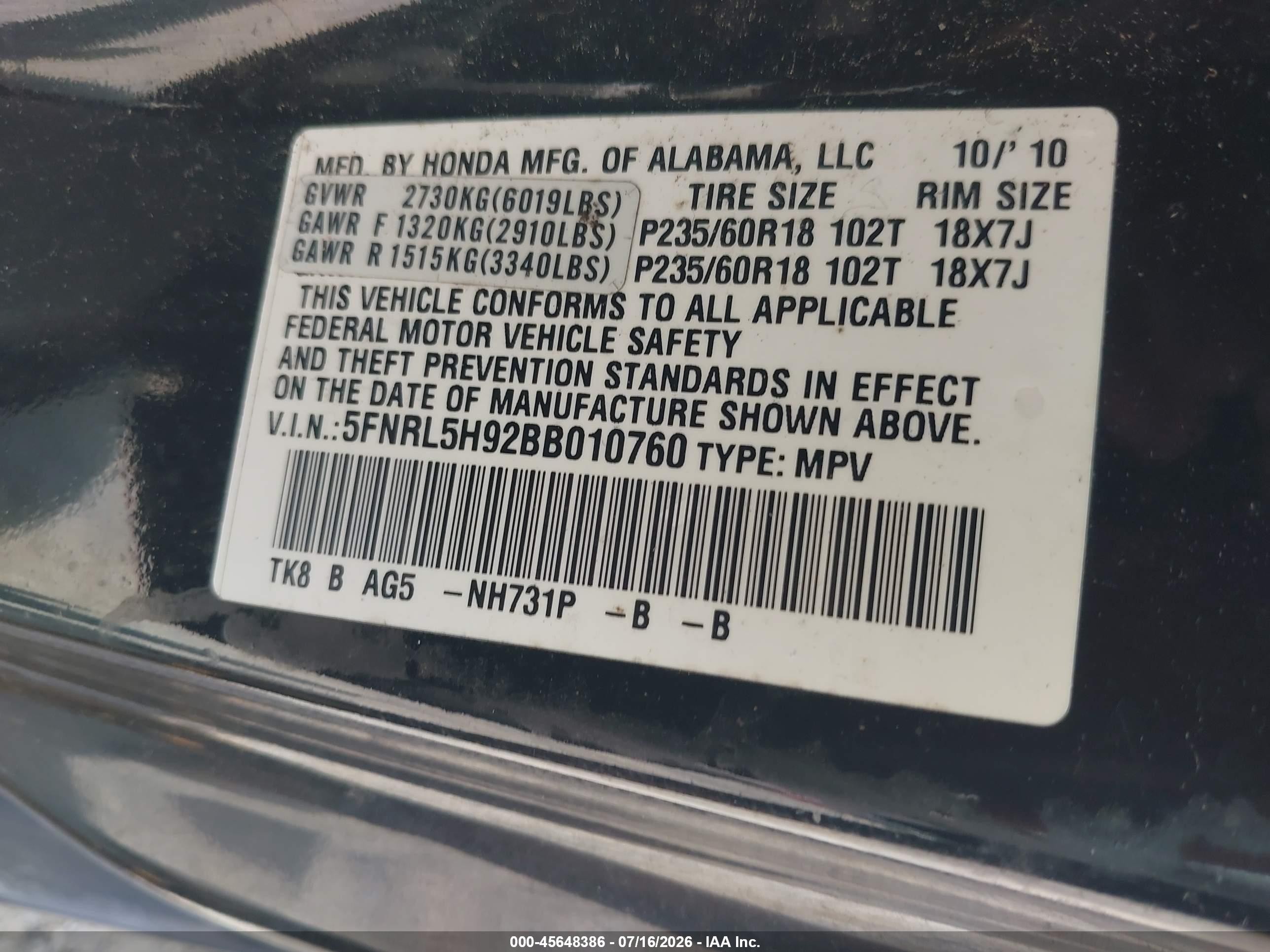 2011 Honda Odyssey Touring/touring Elite Black vin: 5FNRL5H92BB010760
