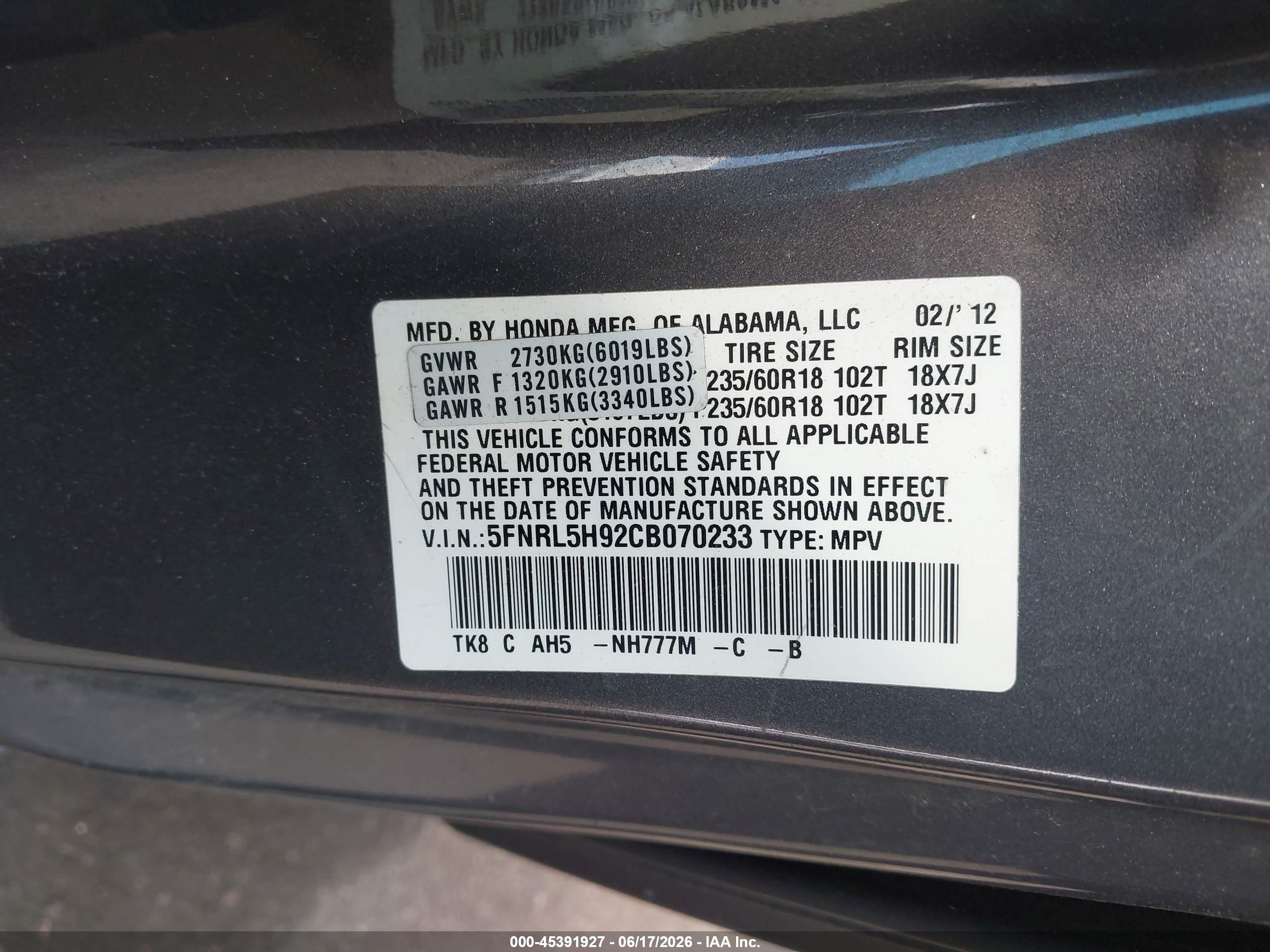 2012 Honda Odyssey Touring/touring Elite Gray vin: 5FNRL5H92CB070233