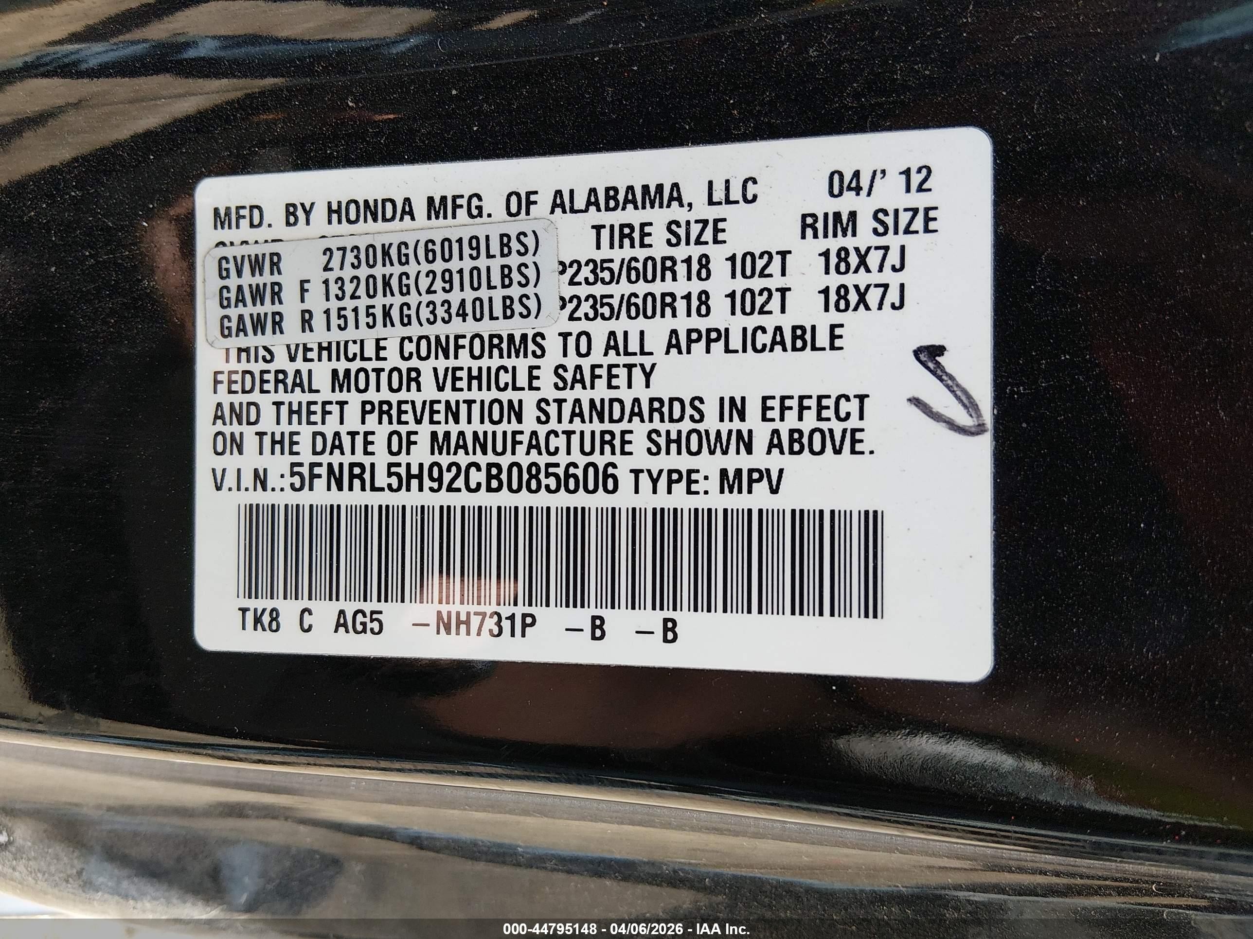2012 Honda Odyssey Touring/touring Elite Black vin: 5FNRL5H92CB085606