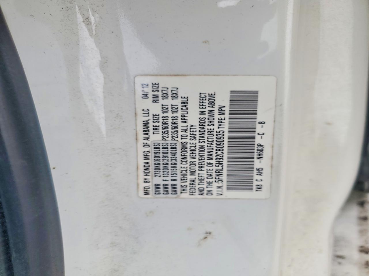 2012 Honda Odyssey Touring White vin: 5FNRL5H92CB090935
