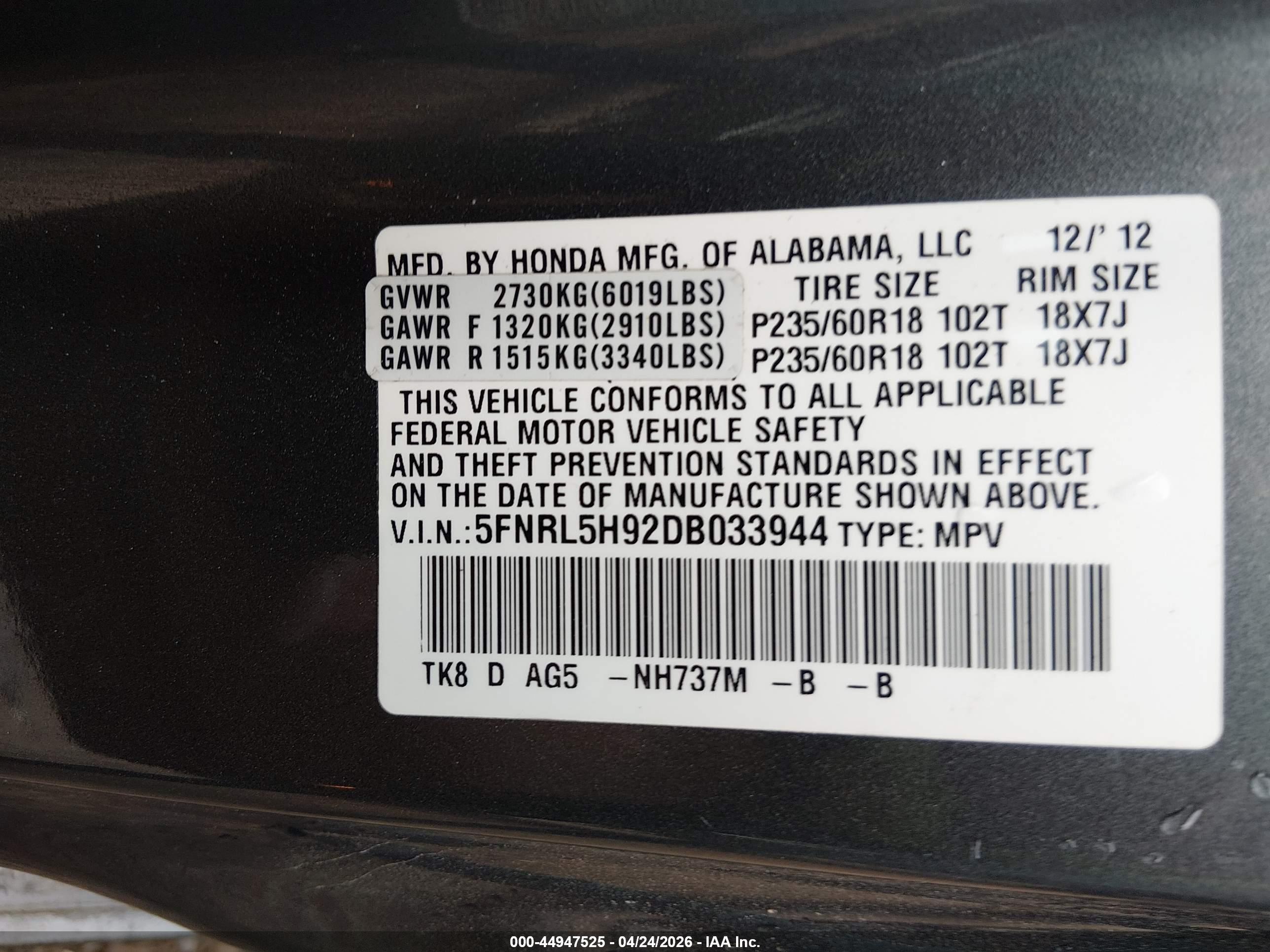 2013 Honda Odyssey Touring/touring Elite Silver vin: 5FNRL5H92DB033944