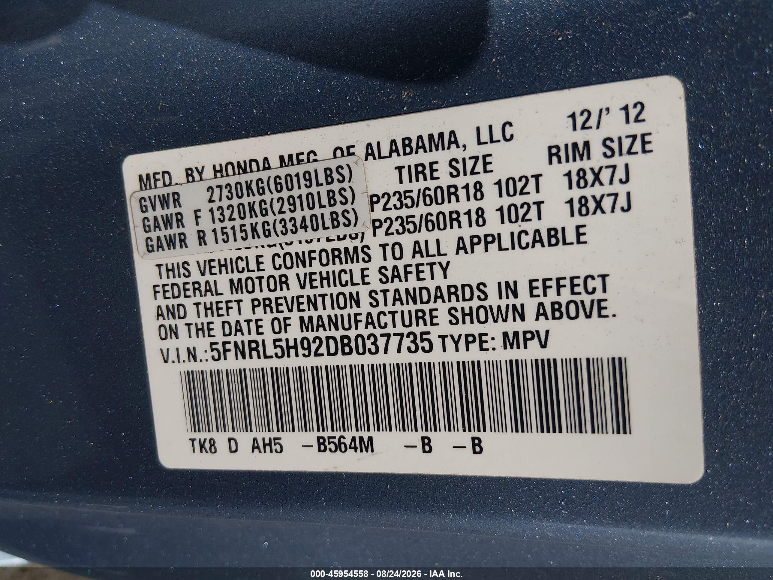 2013 Honda Odyssey Touring/touring Elite Light Blue vin: 5FNRL5H92DB037735