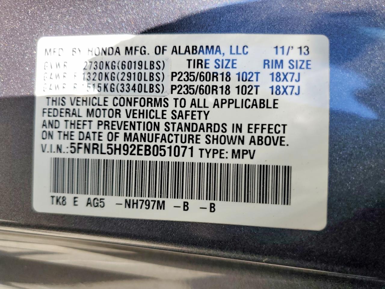 2014 Honda Odyssey Touring Charcoal vin: 5FNRL5H92EB051071