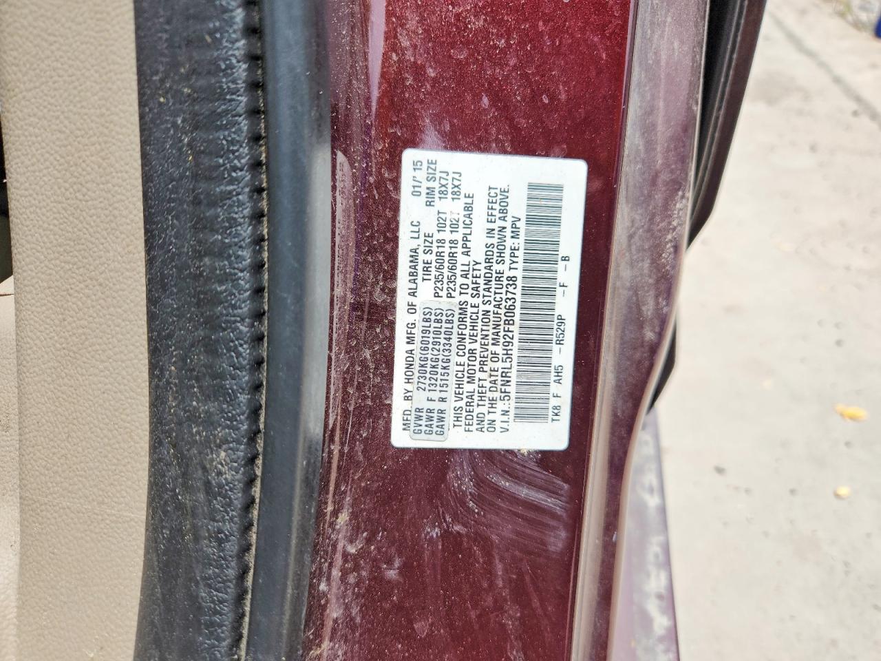 2015 Honda Odyssey Touring Maroon vin: 5FNRL5H92FB063738
