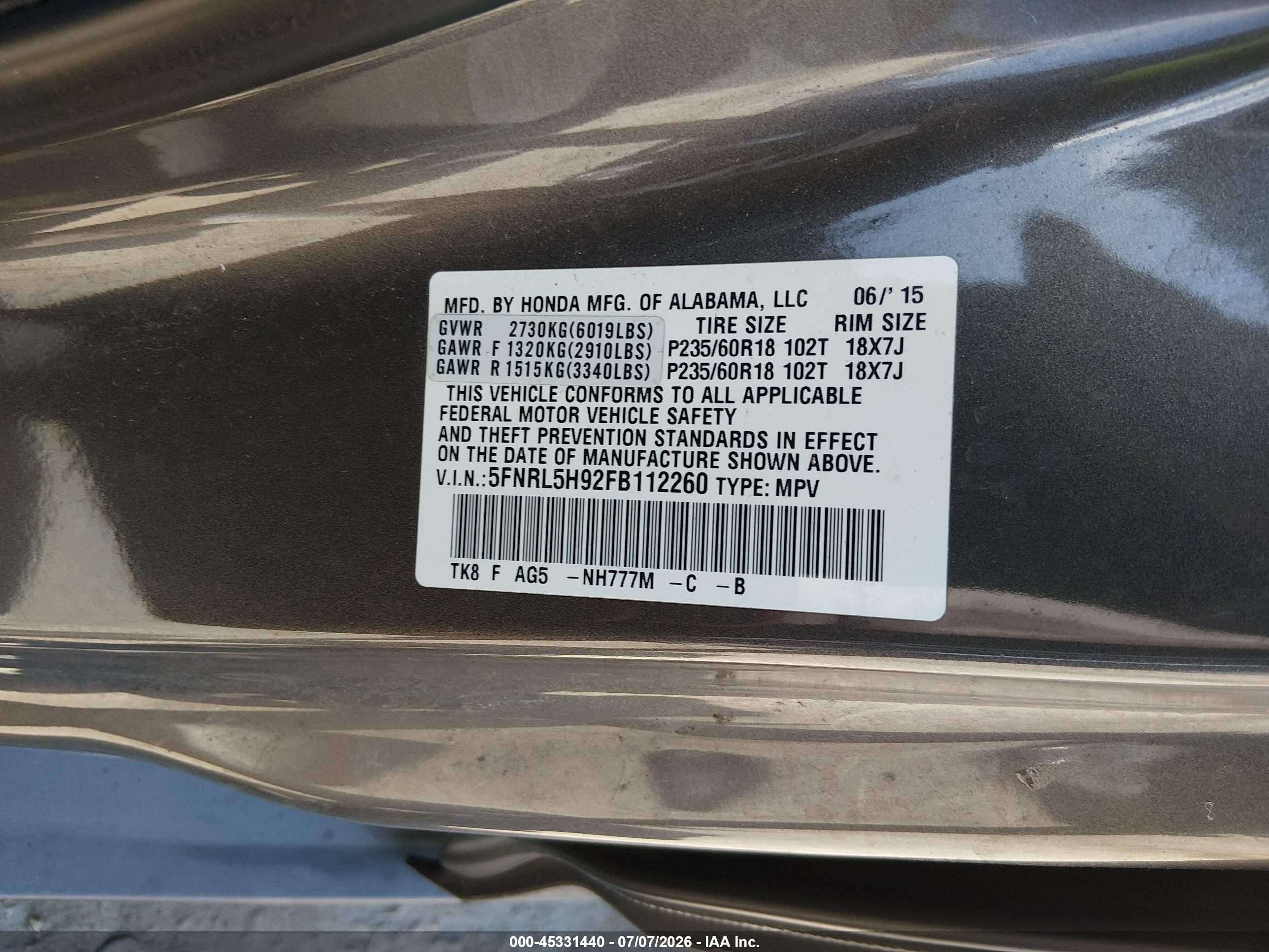2015 Honda Odyssey Touring/touring Elite Gray vin: 5FNRL5H92FB112260