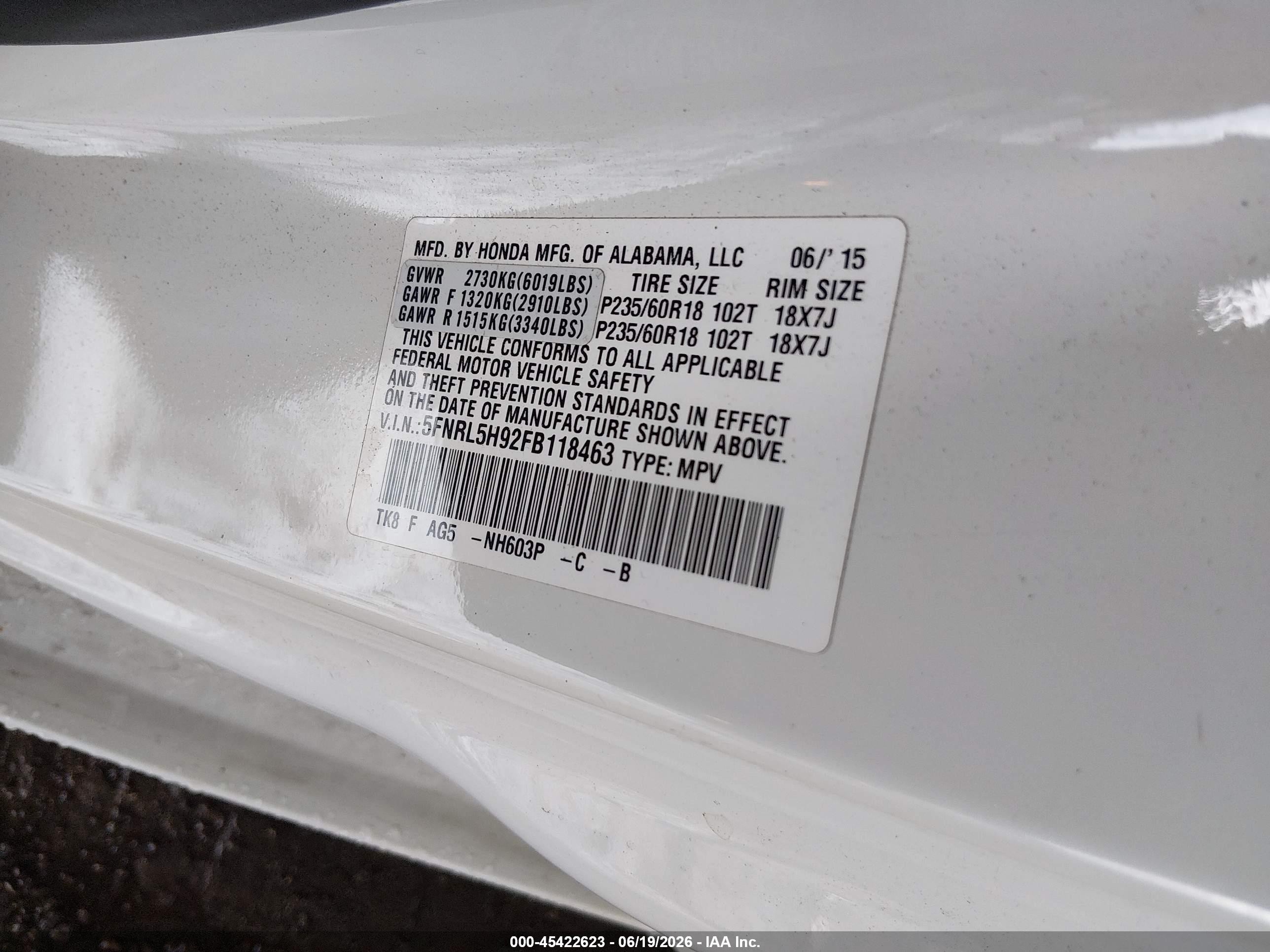 2015 Honda Odyssey Touring/touring Elite White vin: 5FNRL5H92FB118463