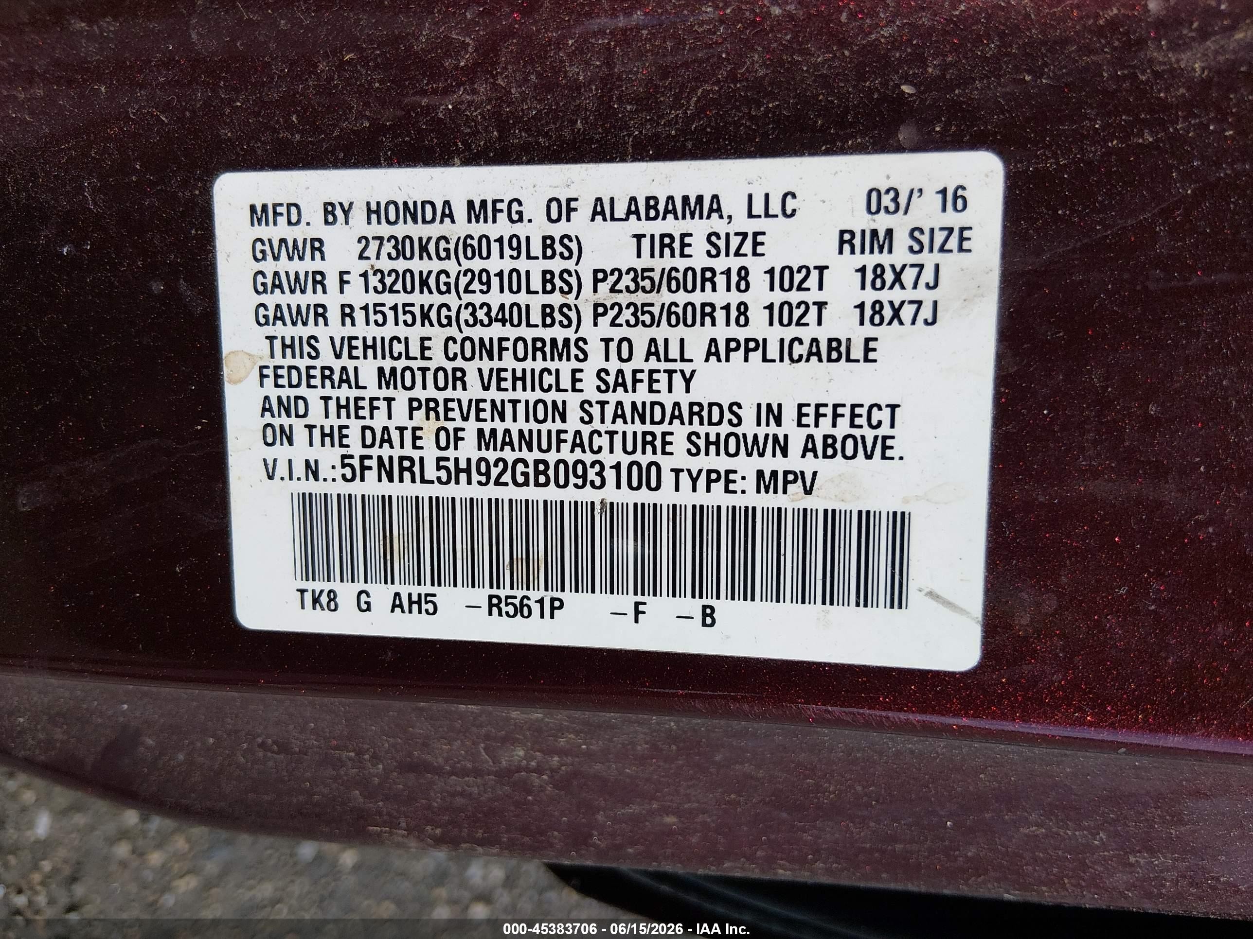 2016 Honda Odyssey Touring/touring Elite Burgundy vin: 5FNRL5H92GB093100
