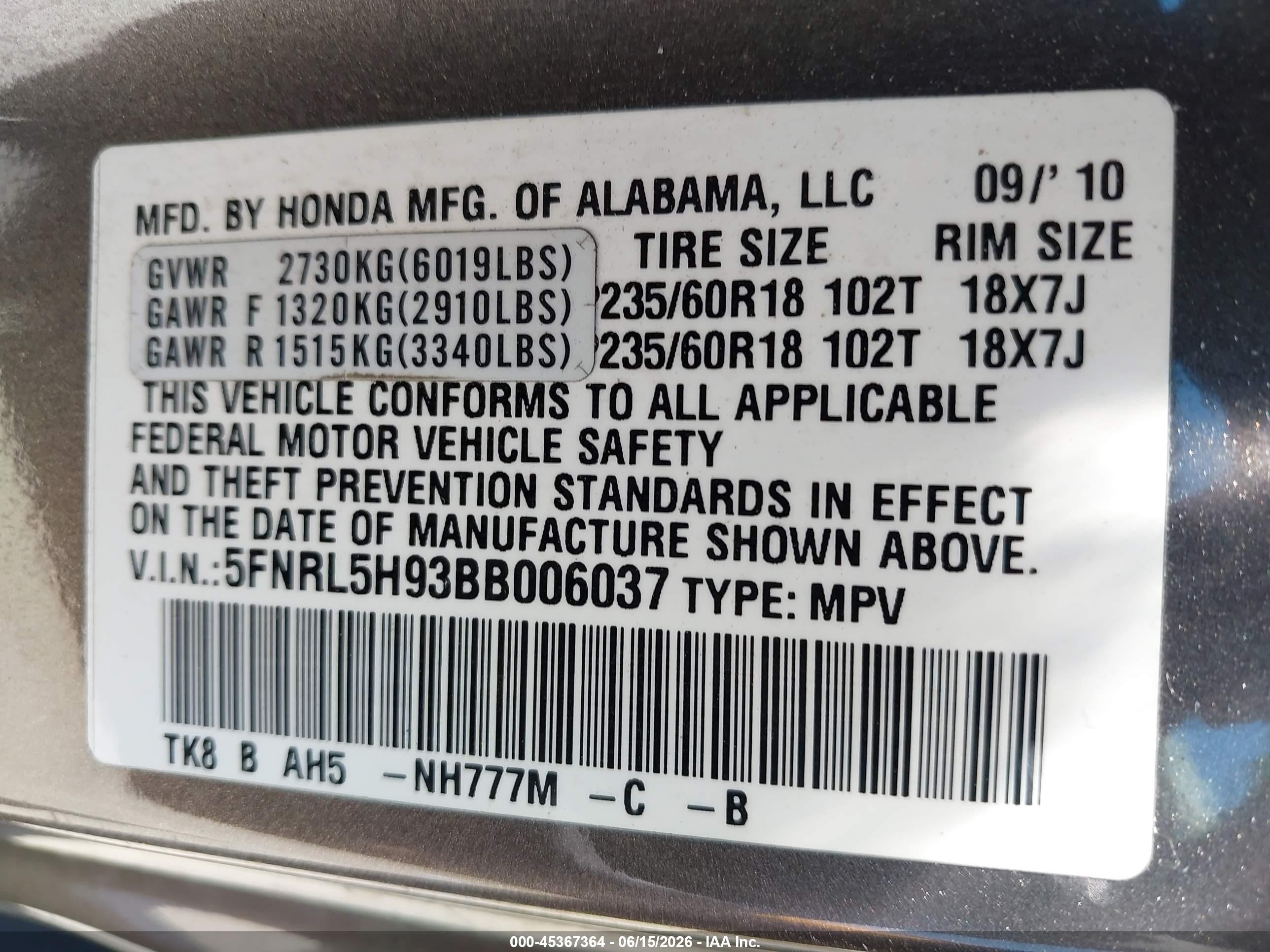 2011 Honda Odyssey Touring/touring Elite Gray vin: 5FNRL5H93BB006037