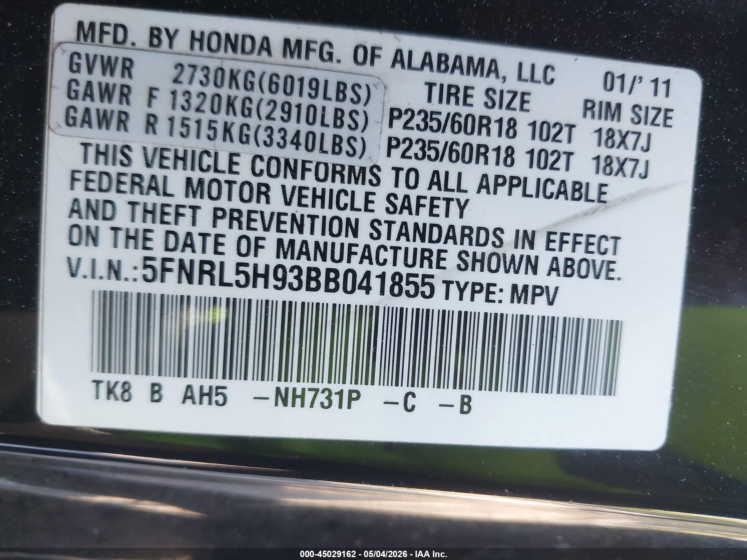 2011 Honda Odyssey Touring/touring Elite Black vin: 5FNRL5H93BB041855