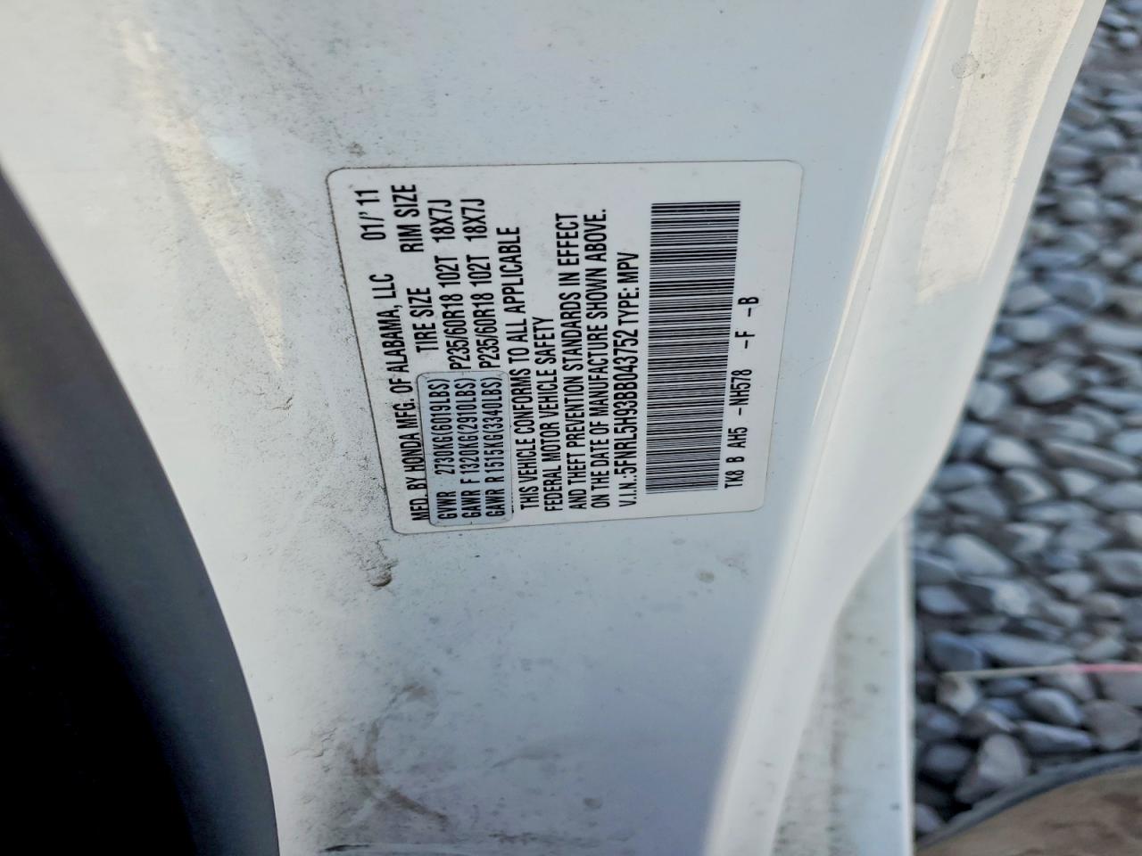 2011 Honda Odyssey Touring White vin: 5FNRL5H93BB043752