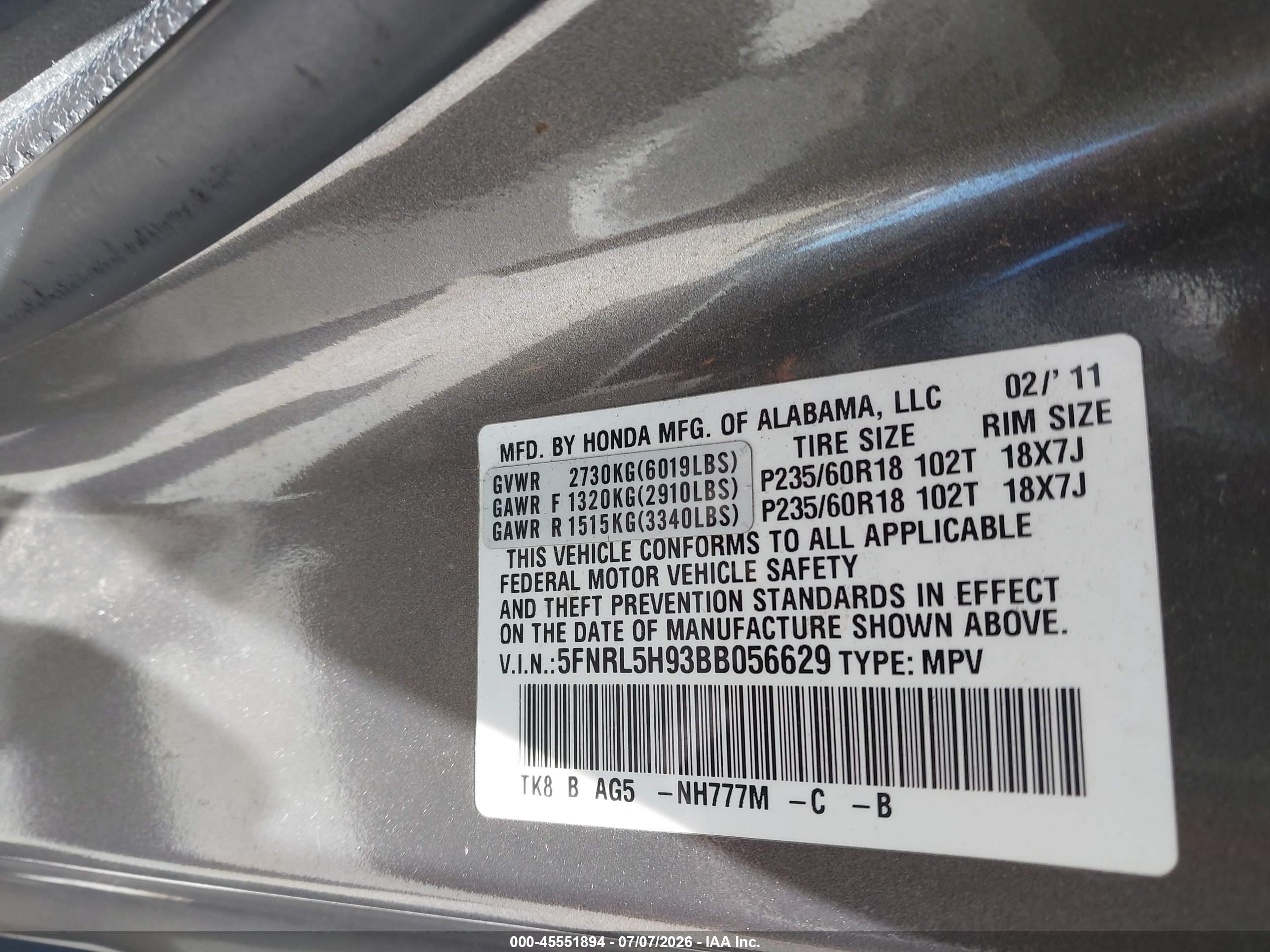 2011 Honda Odyssey Touring/touring Elite Gray vin: 5FNRL5H93BB056629